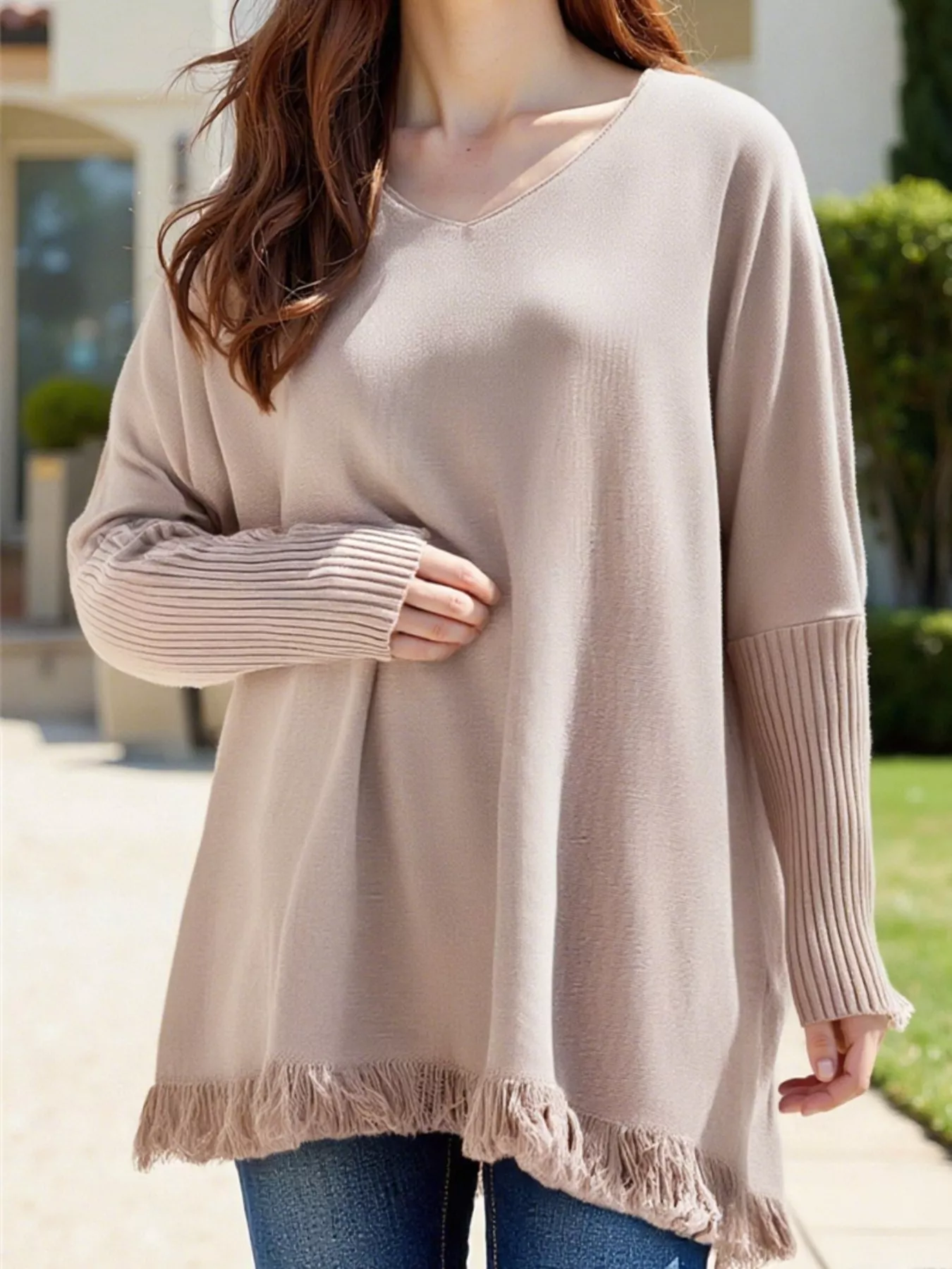 Raw Hem V-Neck Sweater - Image 4