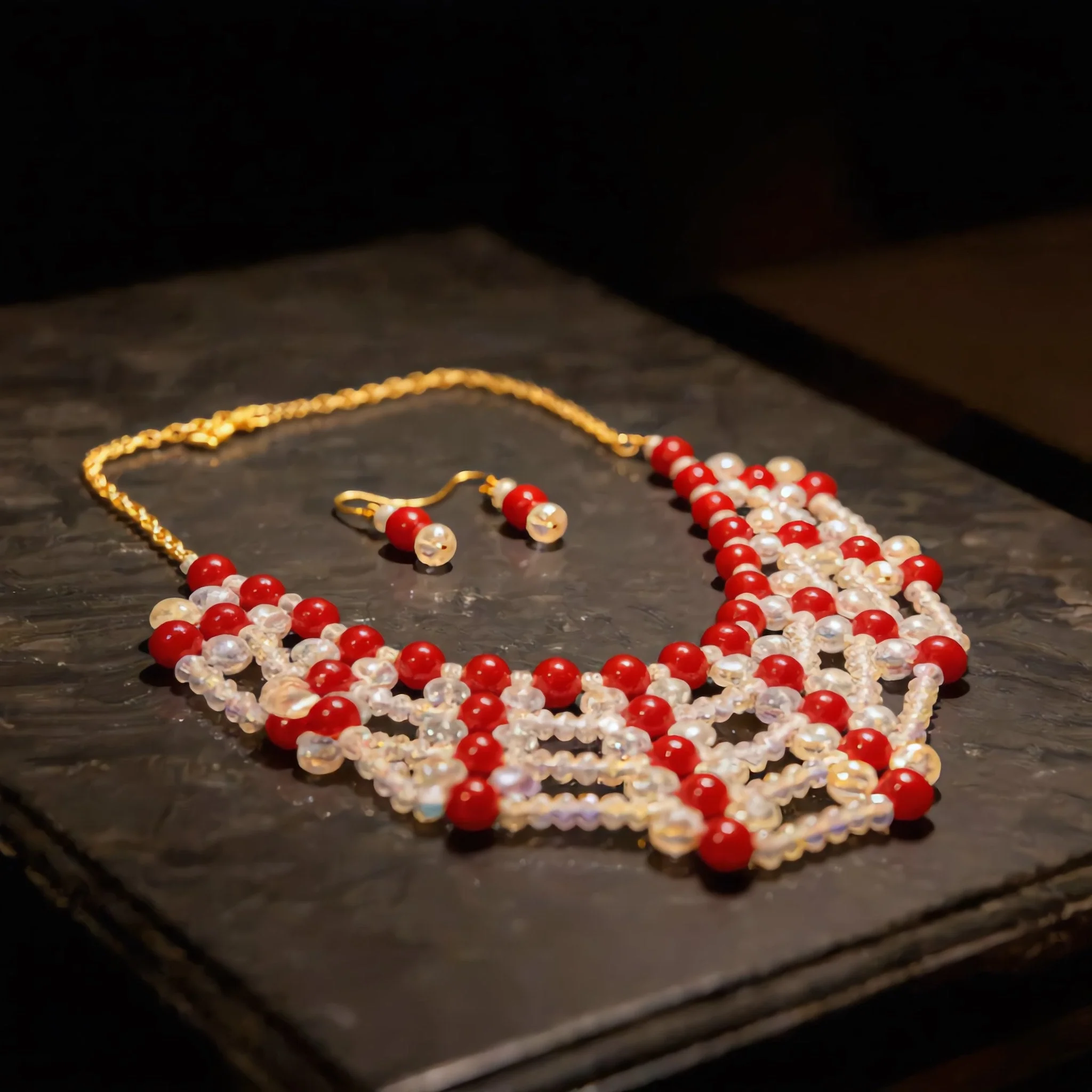 Red and White Beaded Choker Set