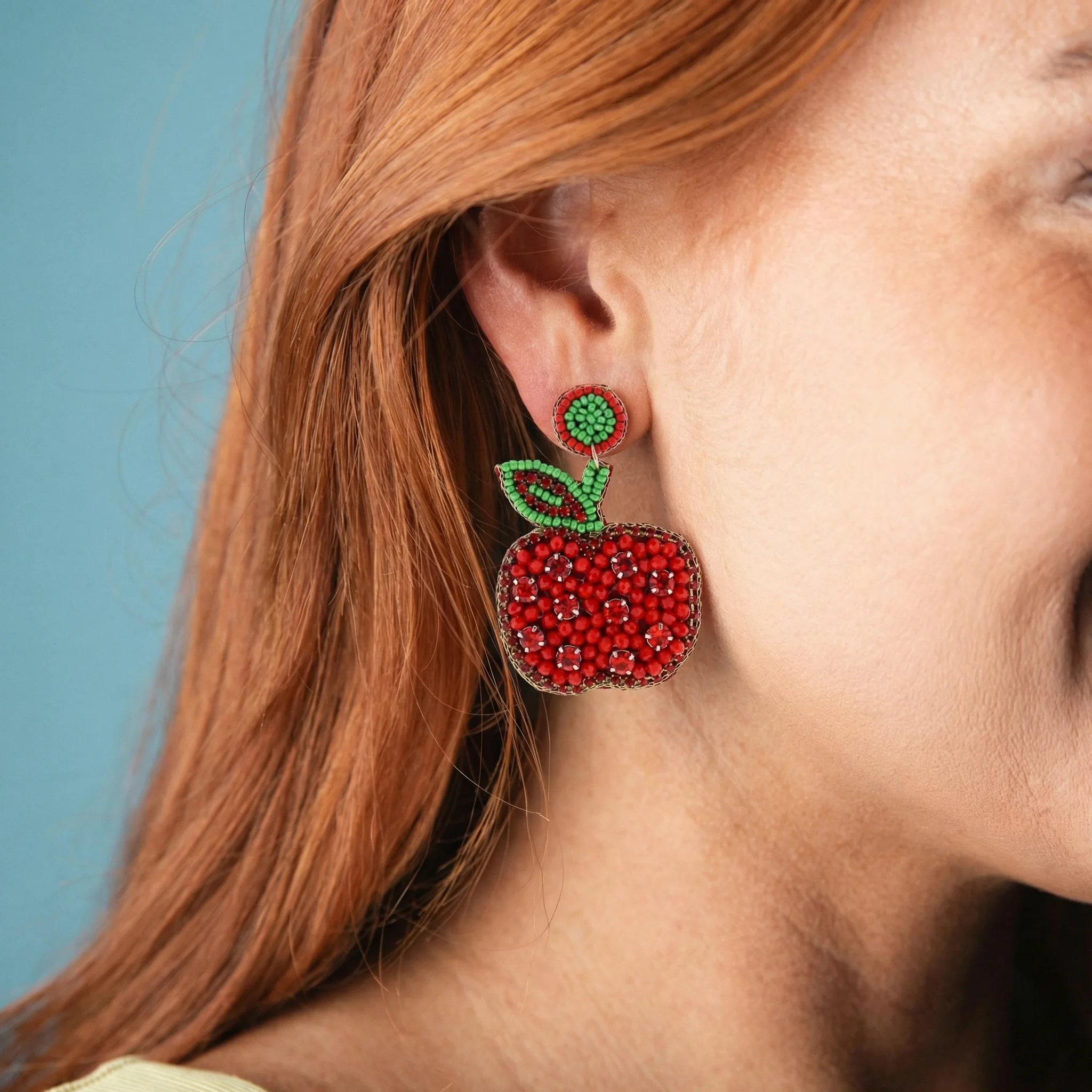 Red, Green Beaded Apple Earring - Image 2