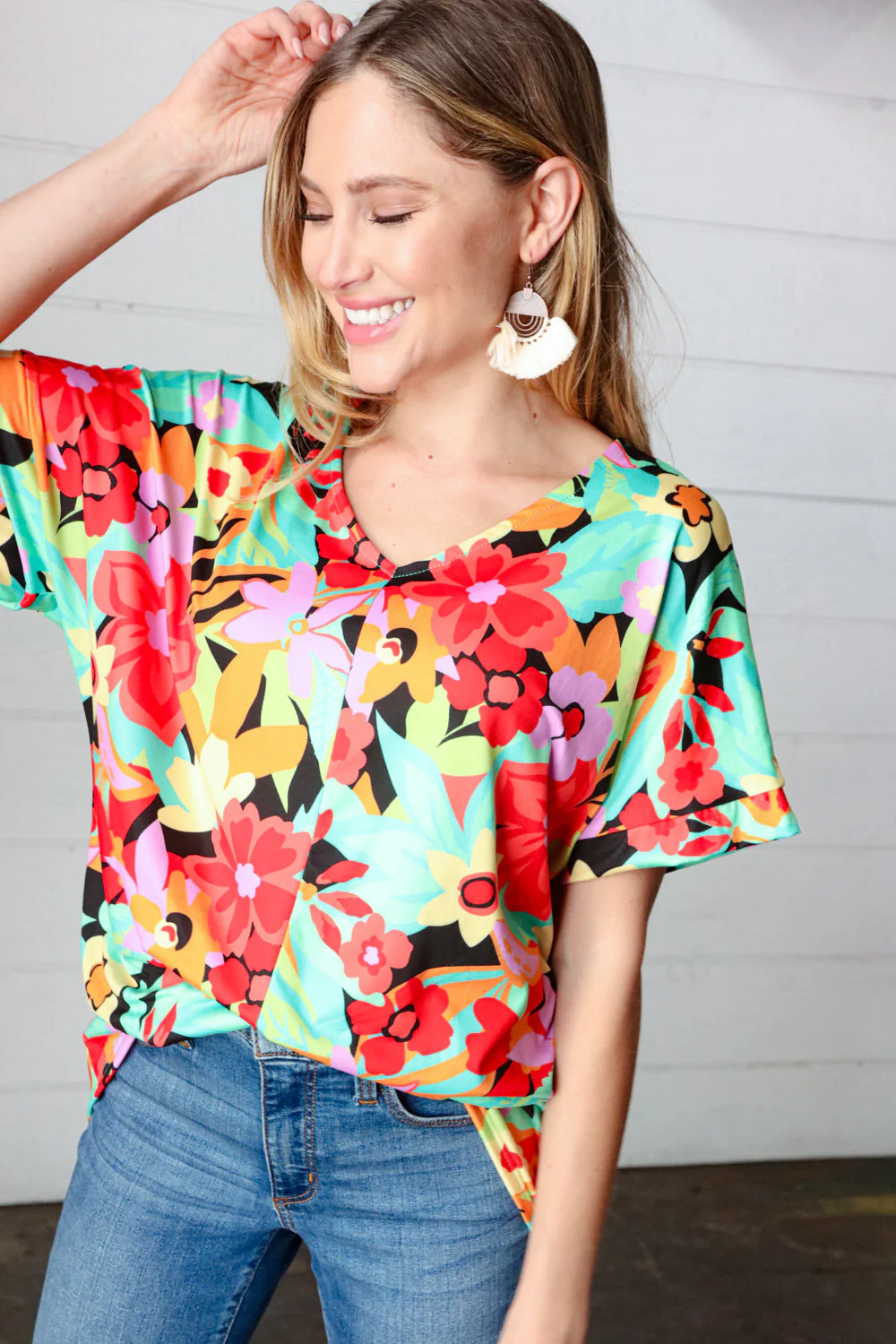 Multicolor Tropical Floral V Neck Drop Shoulder Top - Image 12