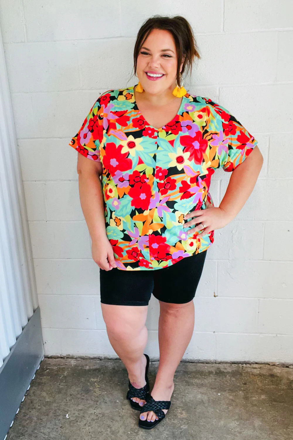 Multicolor Tropical Floral V Neck Drop Shoulder Top - Image 14