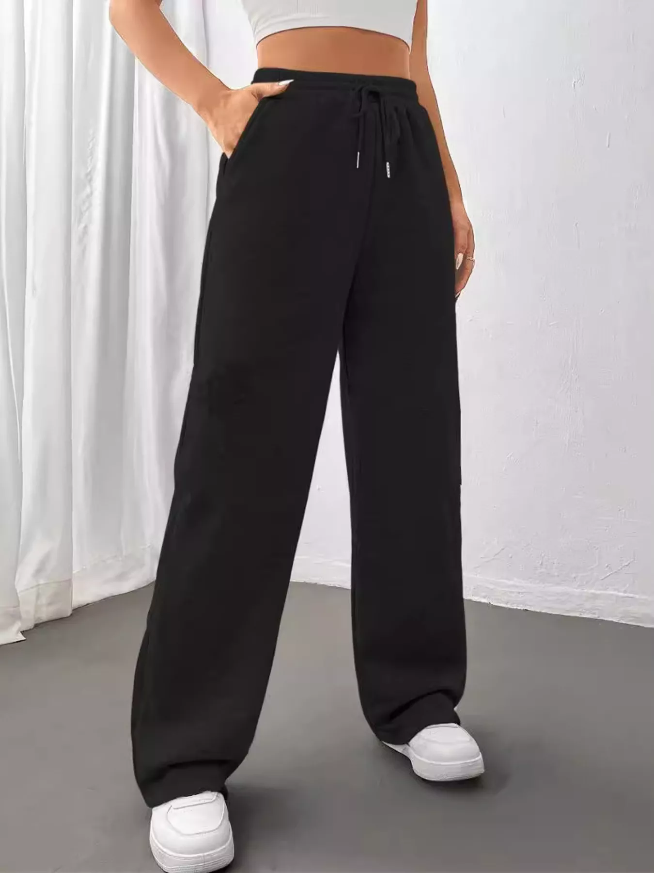 Relaxed Fit Drawstring Waist Solid Pants - Image 2