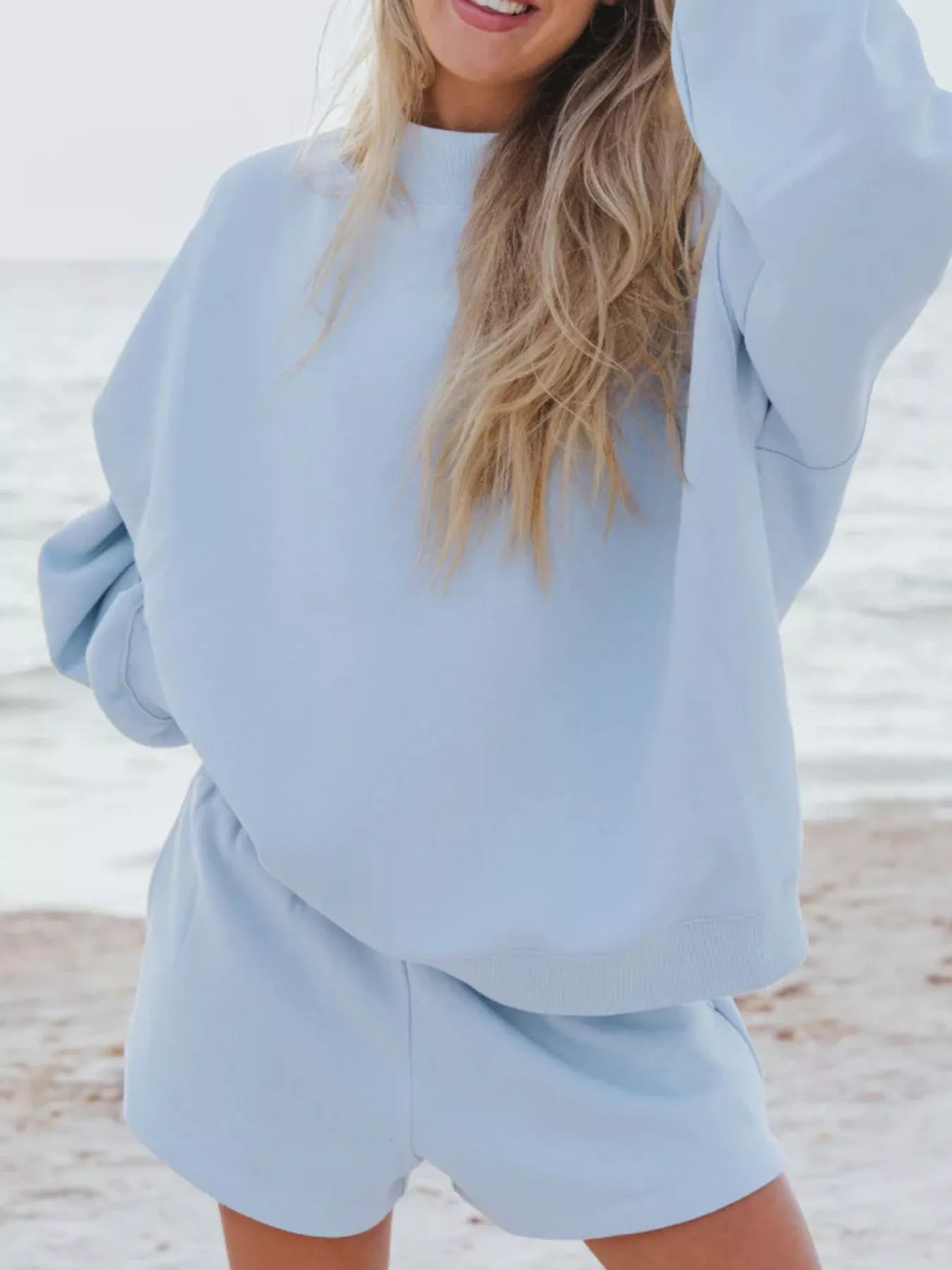 Relaxed Fit Round Neck Sweatshirt and Shorts Set - Image 8