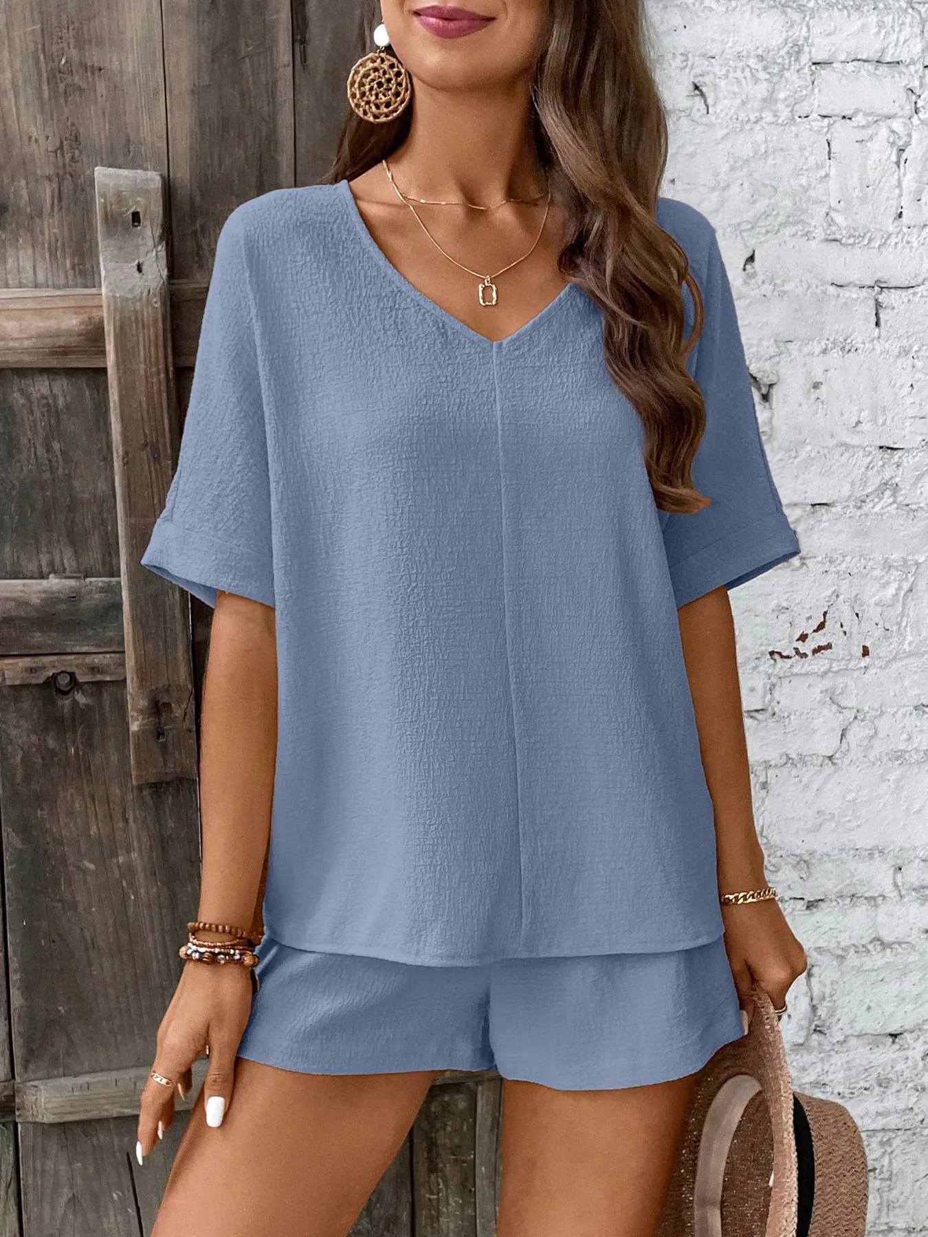 Relaxed Fit V-Neck Top and Shorts Two-Piece Set - Image 18