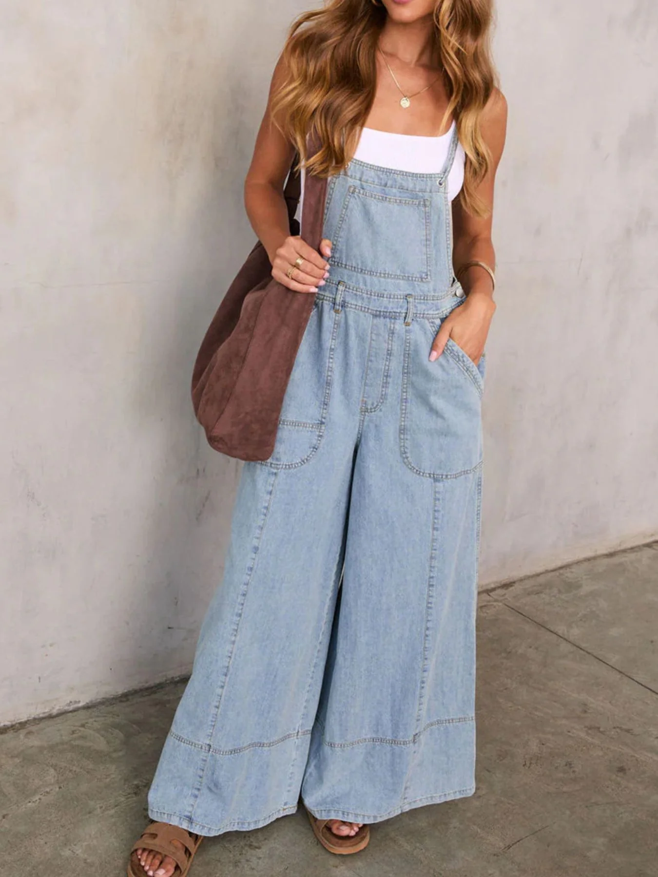 Relaxed Fit Wide Leg Denim Overalls - Image 3
