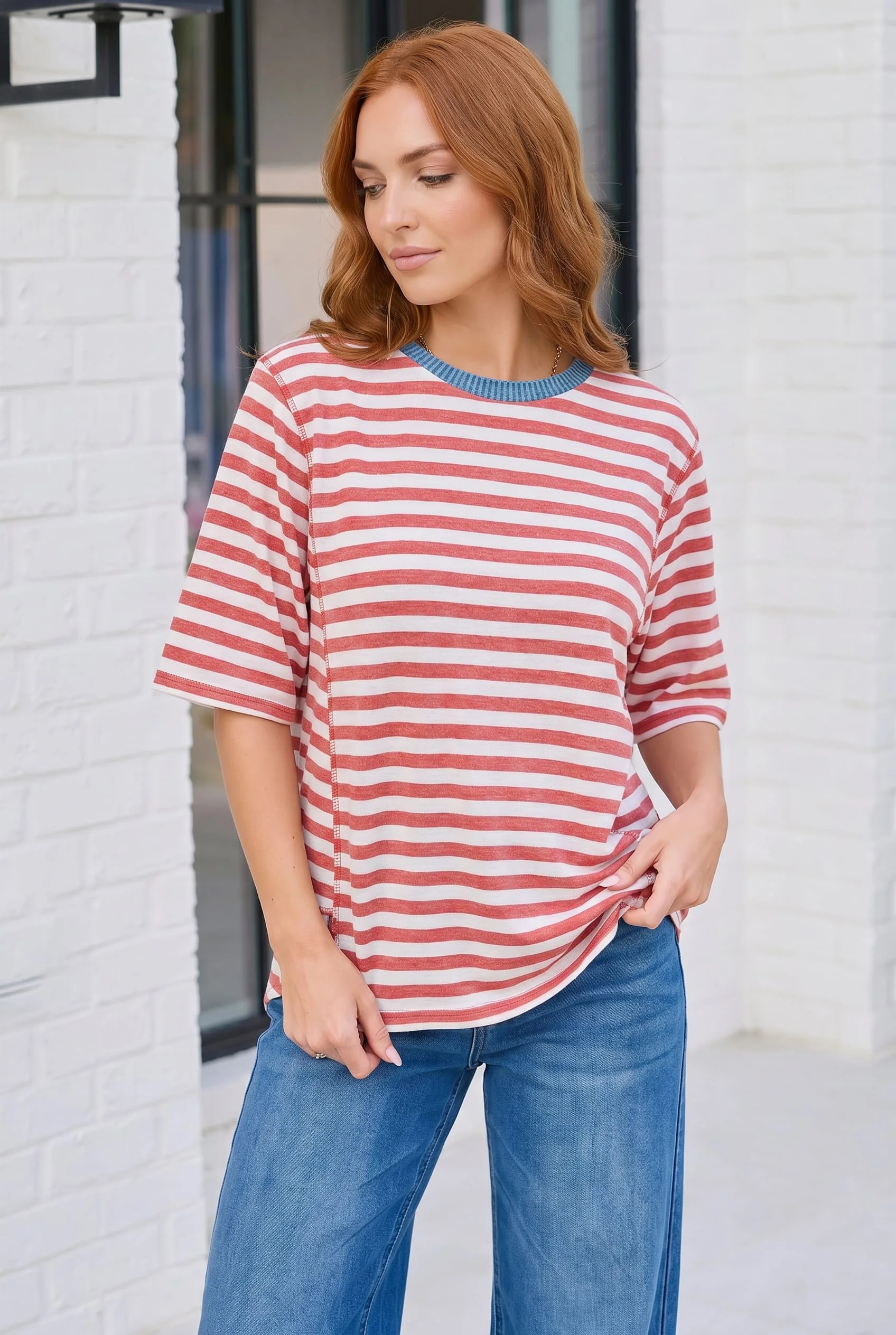 Retro Stripe Oversized Tee with Contrast Ribbed Neck - Image 5