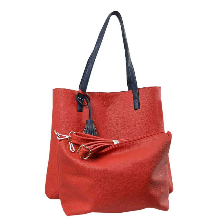 Reversible Faux Leather Tote Bag Vegan Tassel Handbag - Image 12