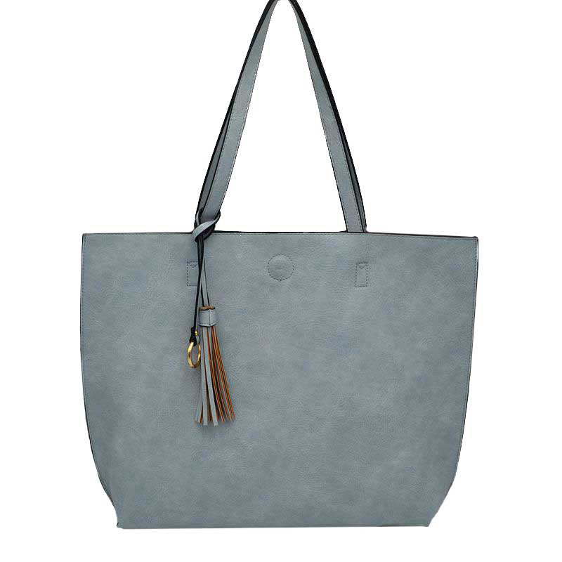 Reversible Faux Leather Tote Bag Vegan Tassel Handbag - Image 3