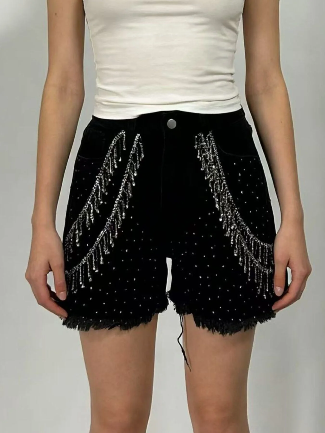 Rhinestone Chain Raw Hem Denim Shorts - Image 4