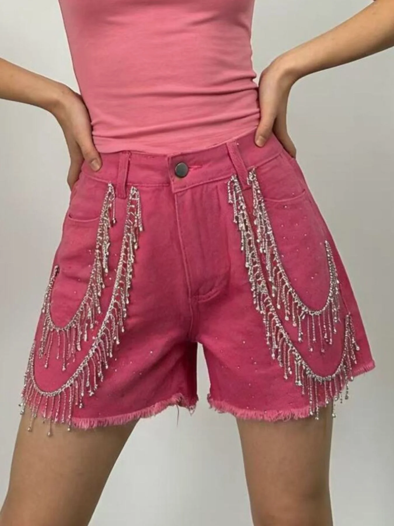 Rhinestone Chain Raw Hem Denim Shorts - Image 8