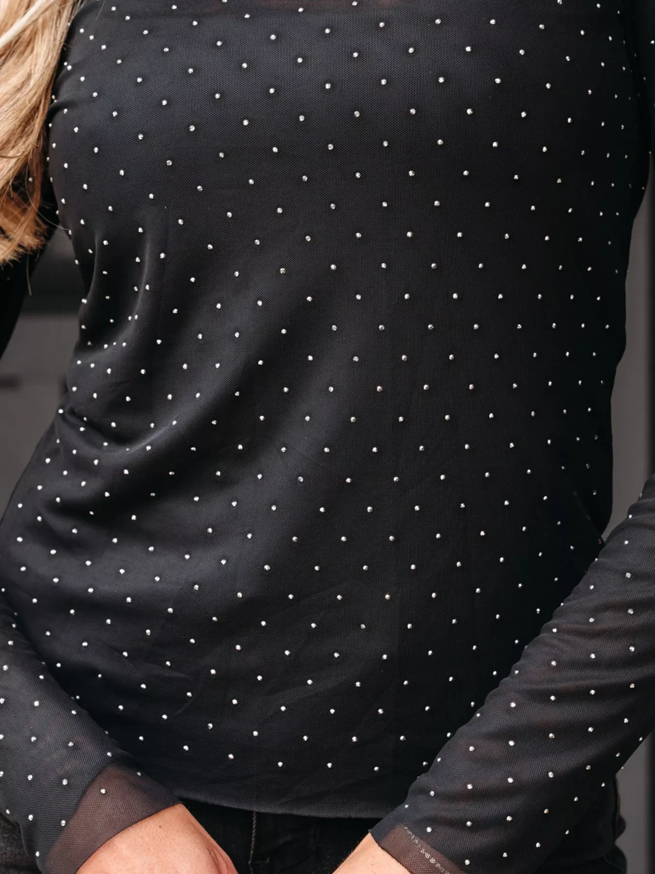 Rhinestone Embellished Mesh Long Sleeve Top - Image 13