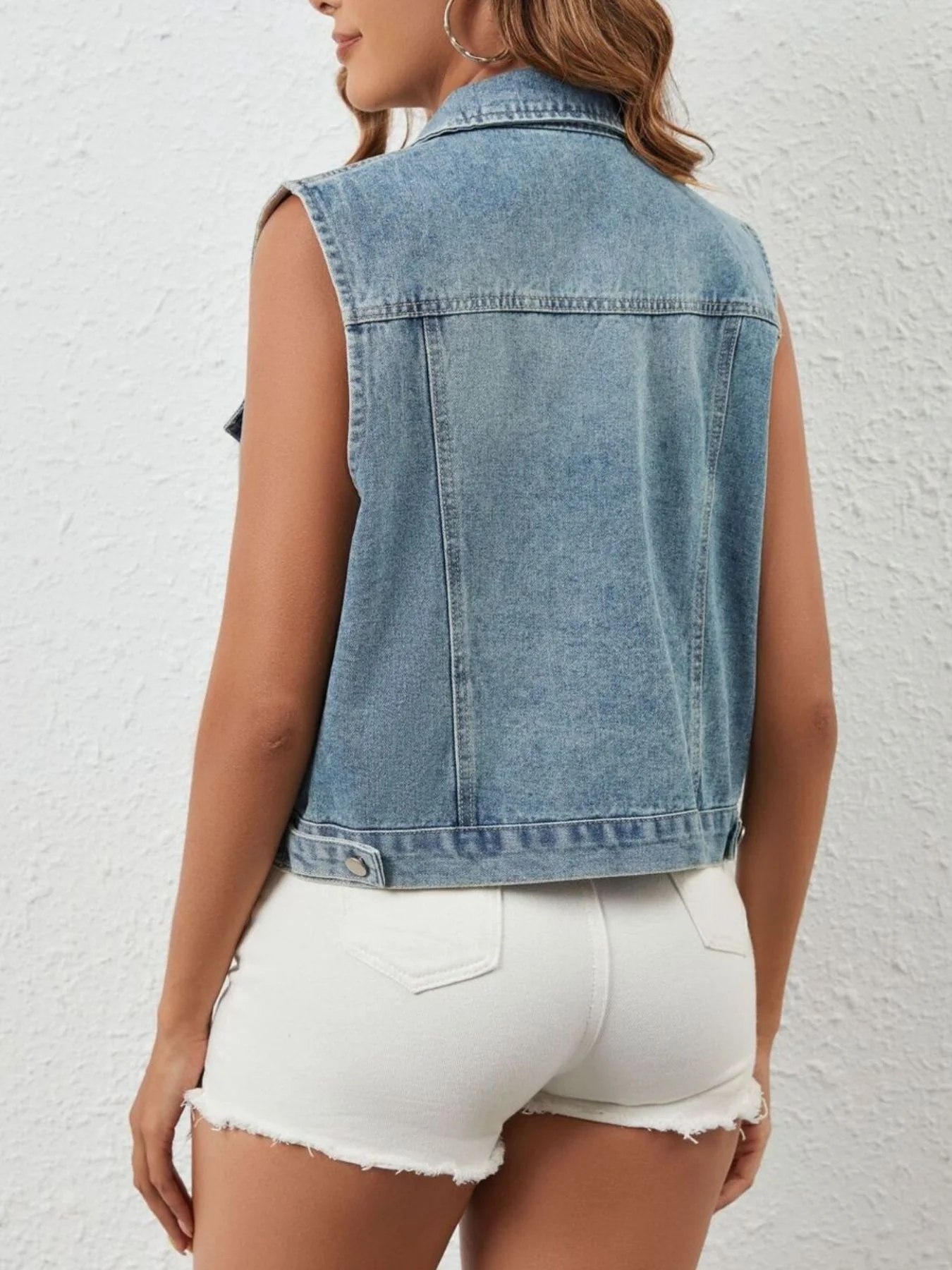 Rhinestone Embellished Sleeveless Denim Jacket - Image 5