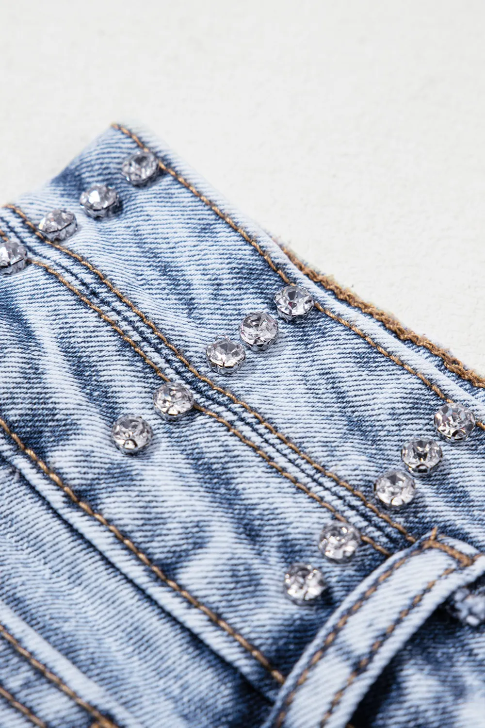 Rhinestone Light Wash Raw Hem High Waist Denim Shorts - Image 10