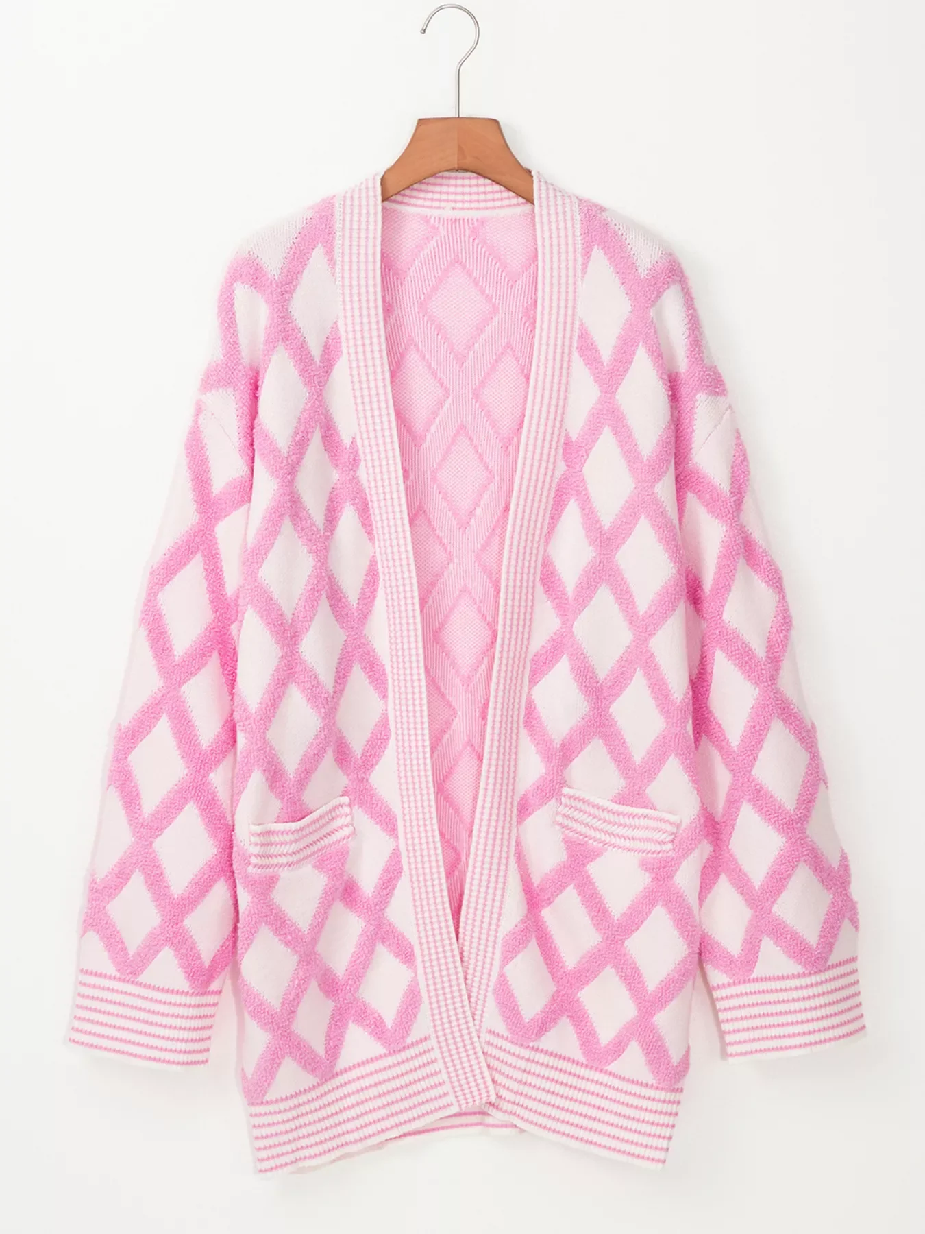 Rhombus Pattern Knit Open Front Pocketed Cardigans - Image 5