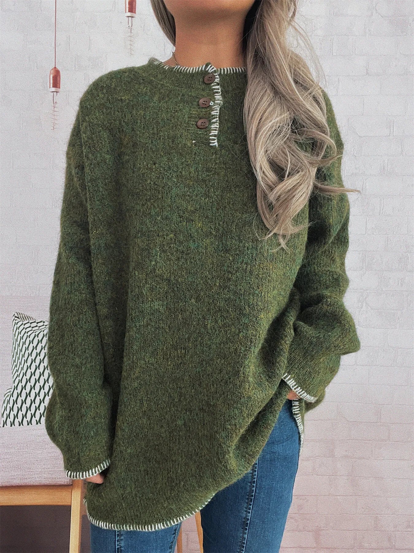 Ribbed Button Detail Long Sleeve Sweater - Image 11