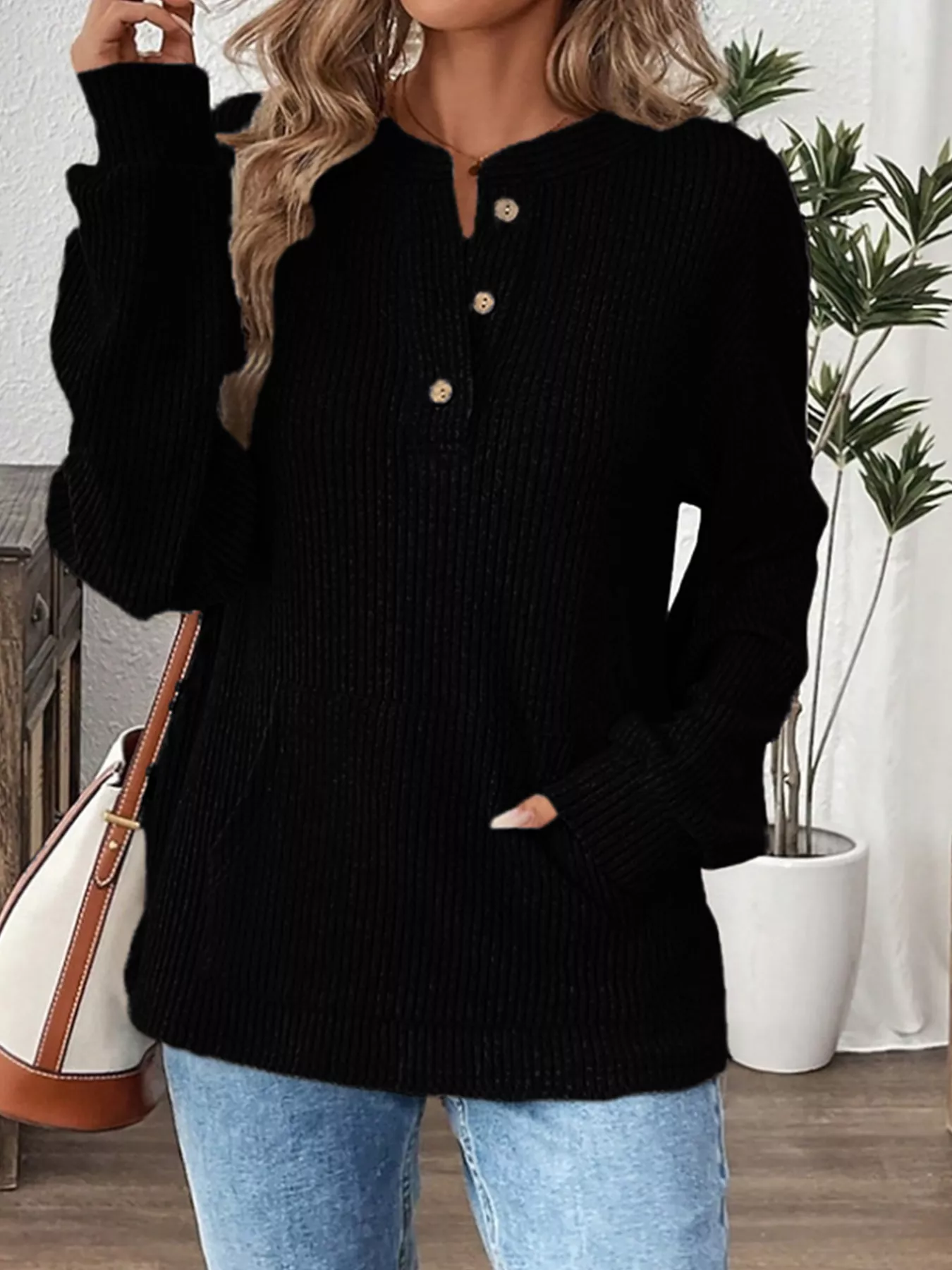 Ribbed Button Detail Long Sleeve T-Shirt - Image 11