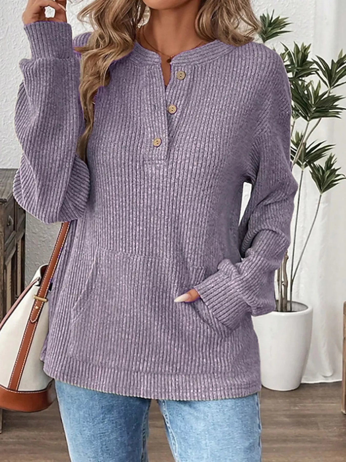 Ribbed Button Detail Long Sleeve T-Shirt - Image 7