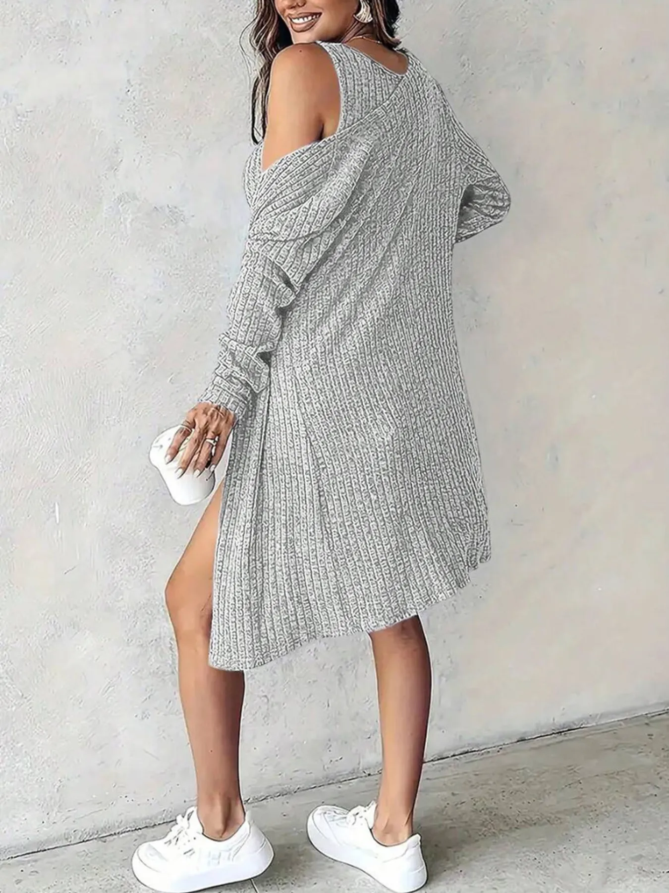 Ribbed Button Front Dress and Cardigan Sweater Set - Image 7
