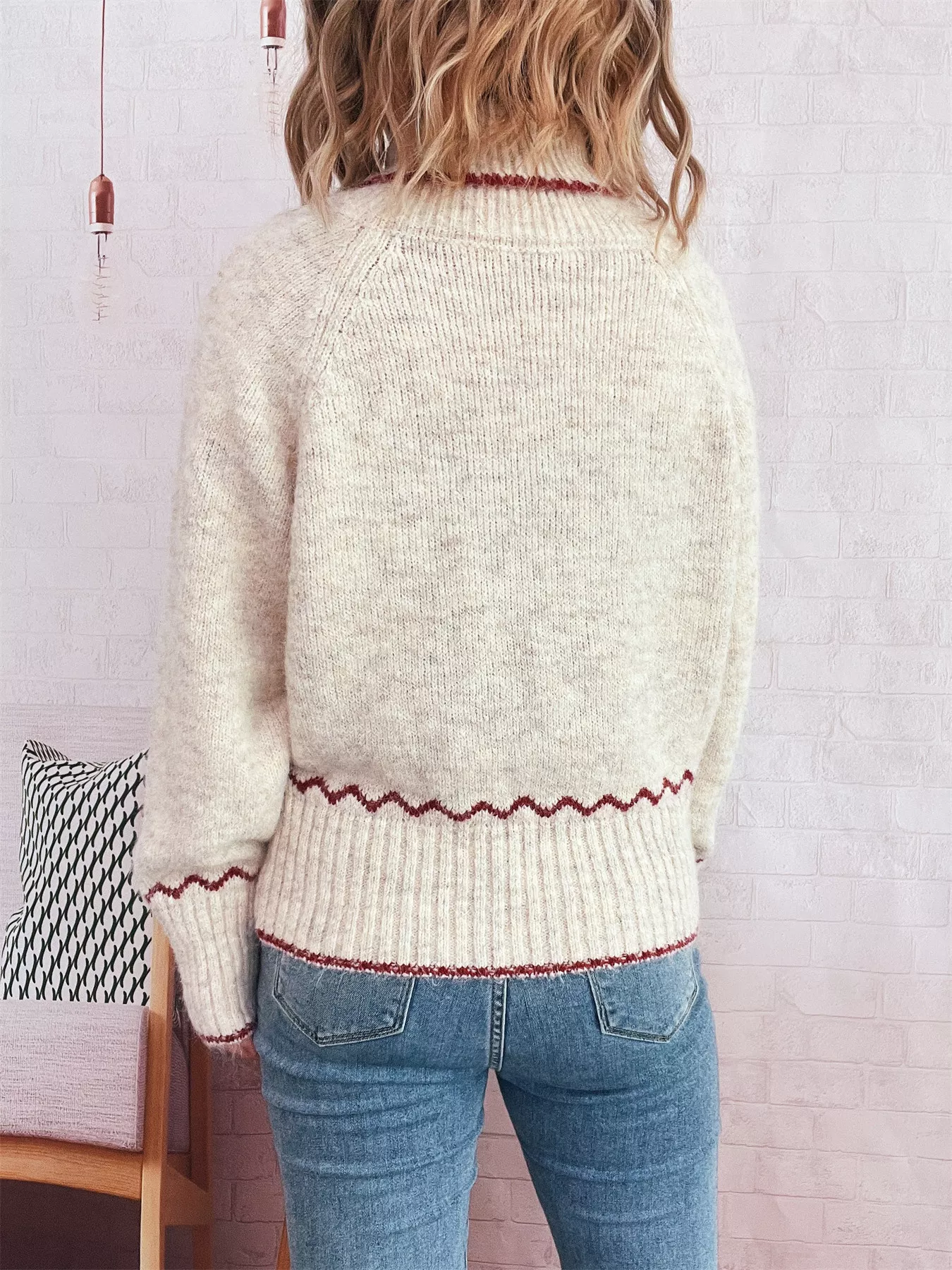 Ribbed Contrast Trim Long Sleeve Sweater - Image 5