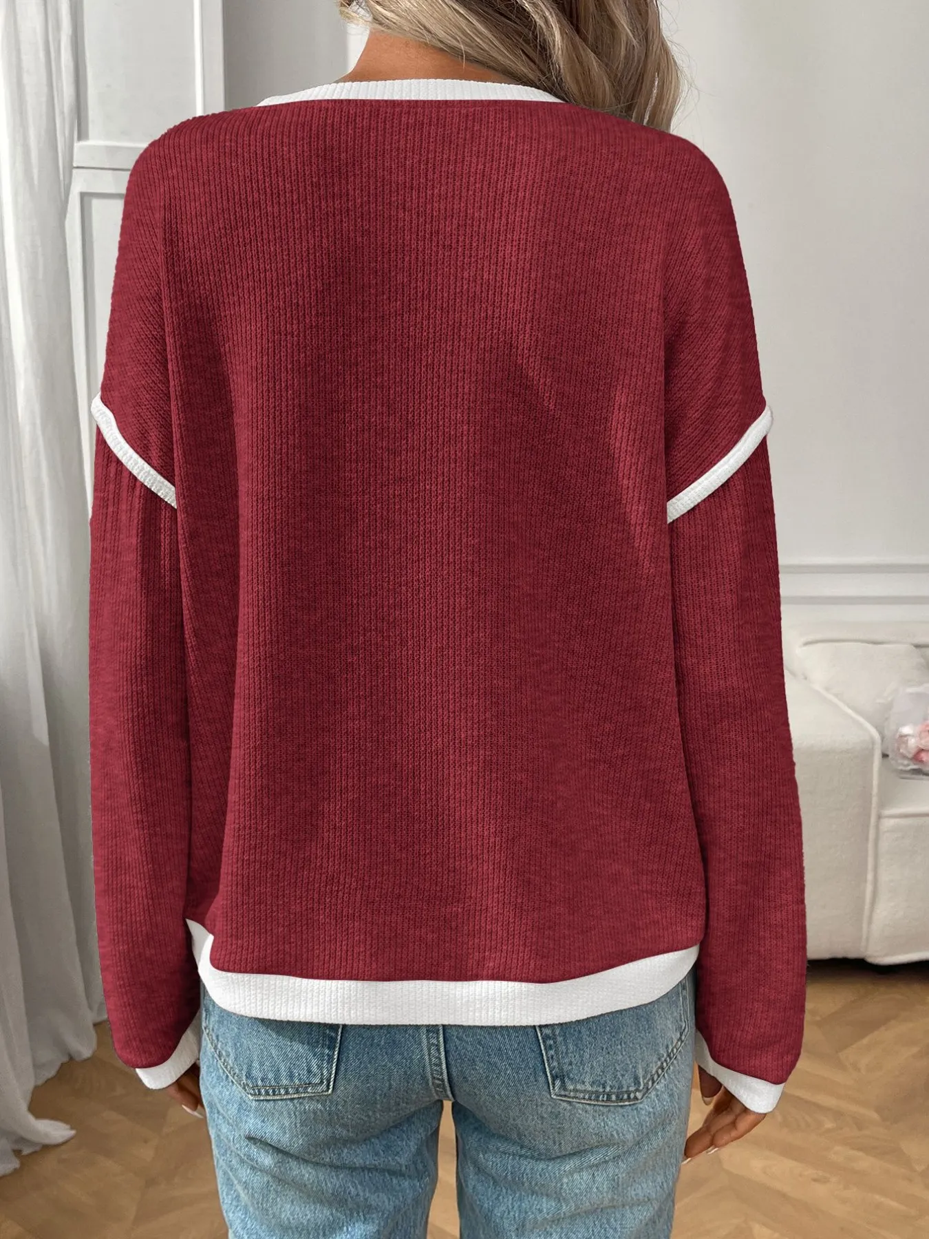 Ribbed Contrast Trim Long Sleeve Top - Image 31