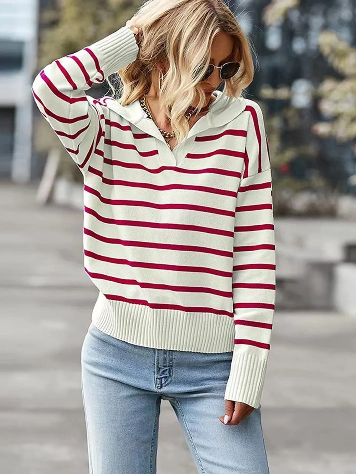 Ribbed Hem Long Sleeve Striped Sweater - Image 3