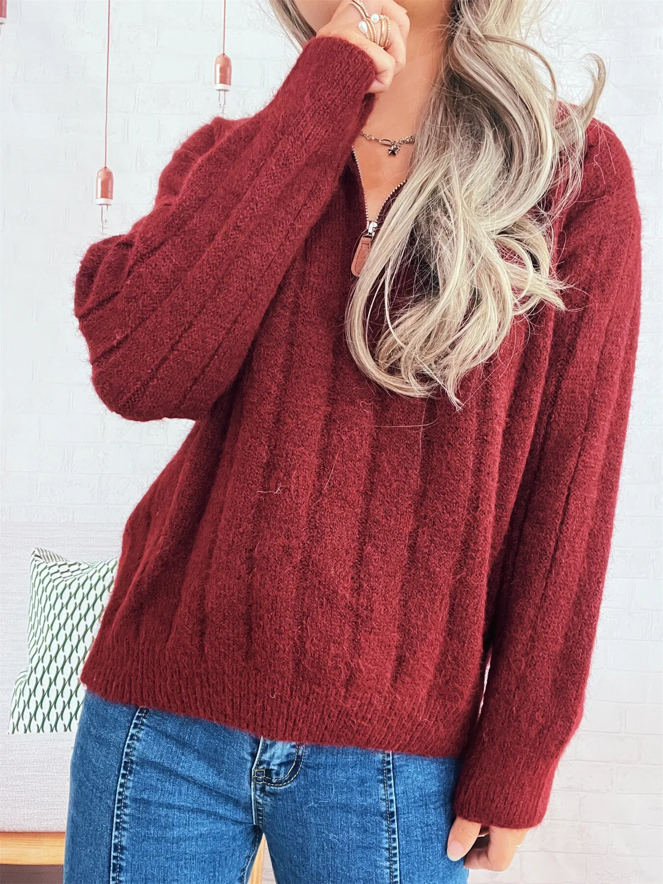 Ribbed Hem Quarter Zip Sweater - Image 11