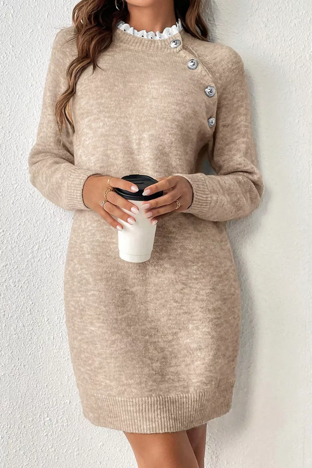 Ribbed Hem Raglan Sleeve Sweater Dress - Image 3