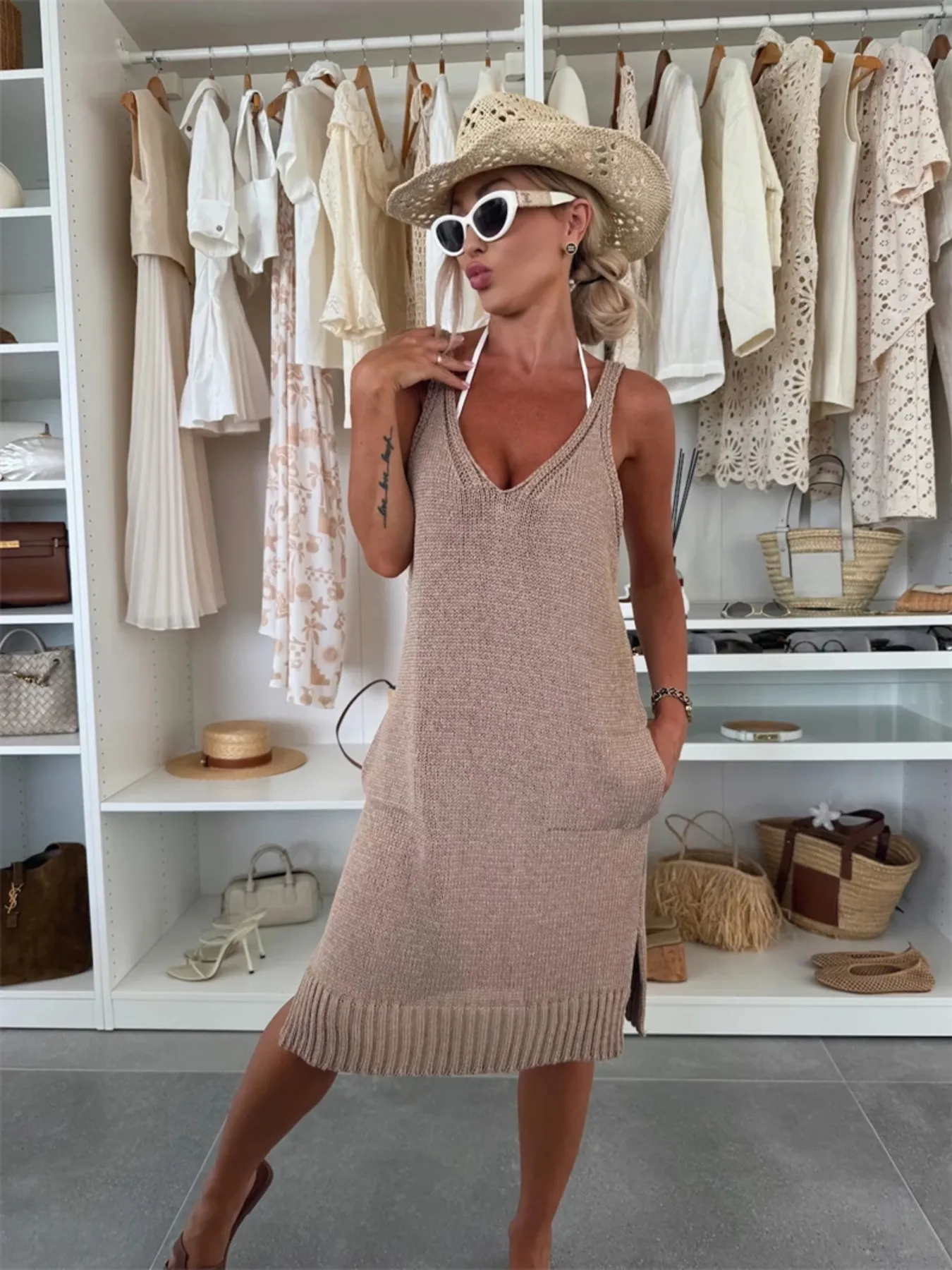 Ribbed Hem V-Neck Sweater Dress - Image 9