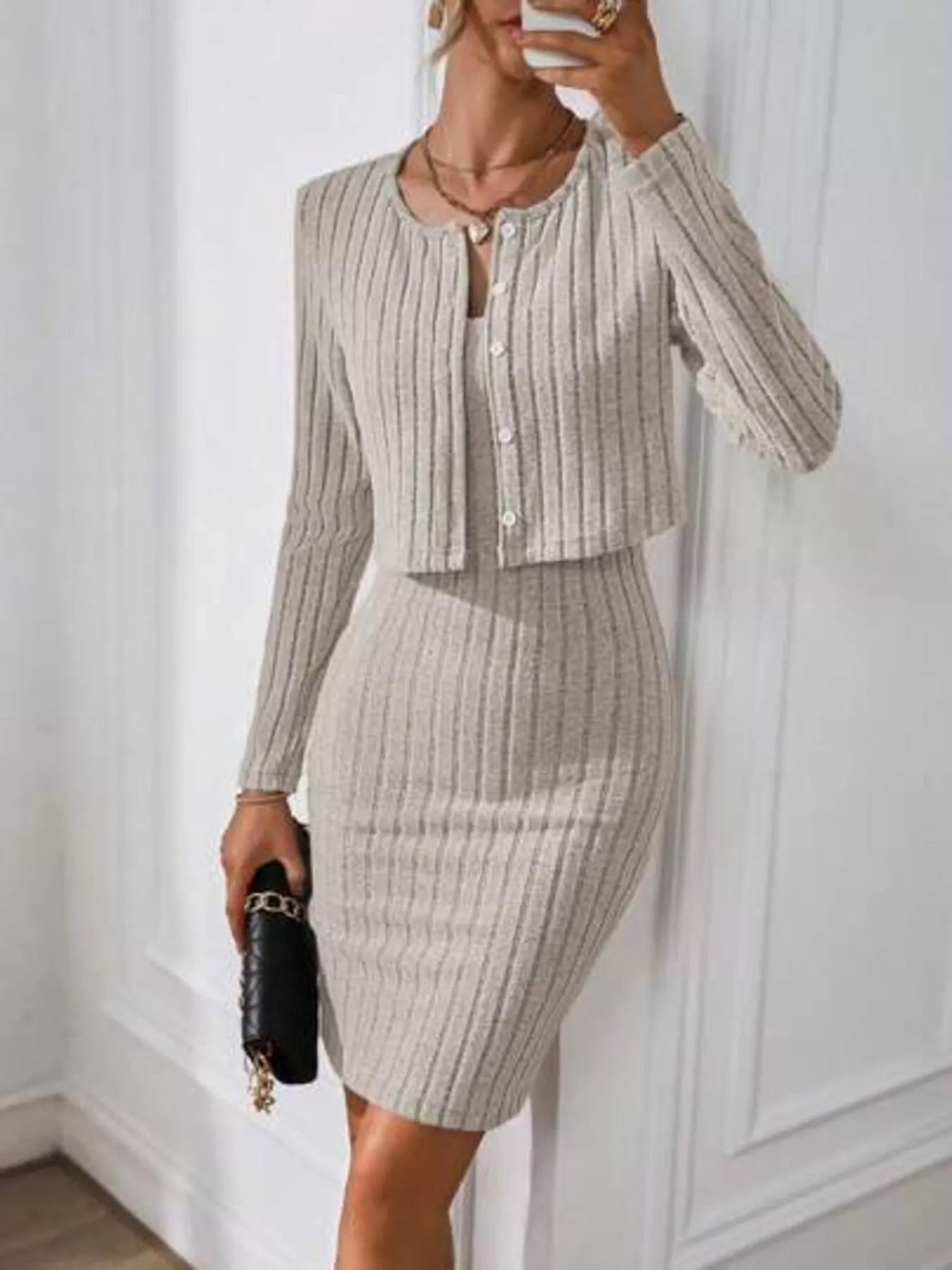 Ribbed Knit Bodycon Cami Dress with Cardigan - Image 5