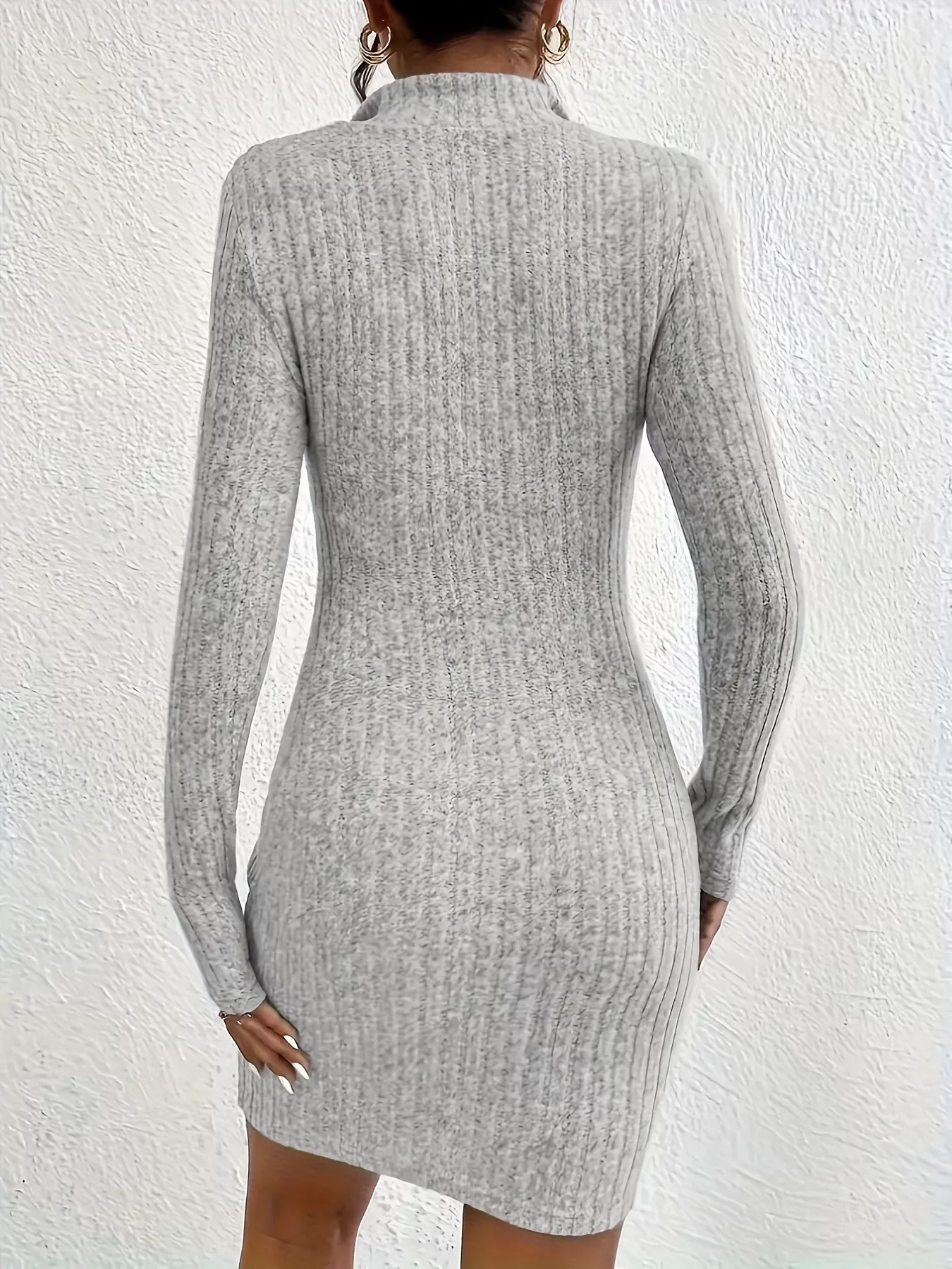 Ribbed Knit Bodycon Mini Dress with Zipper - Image 8