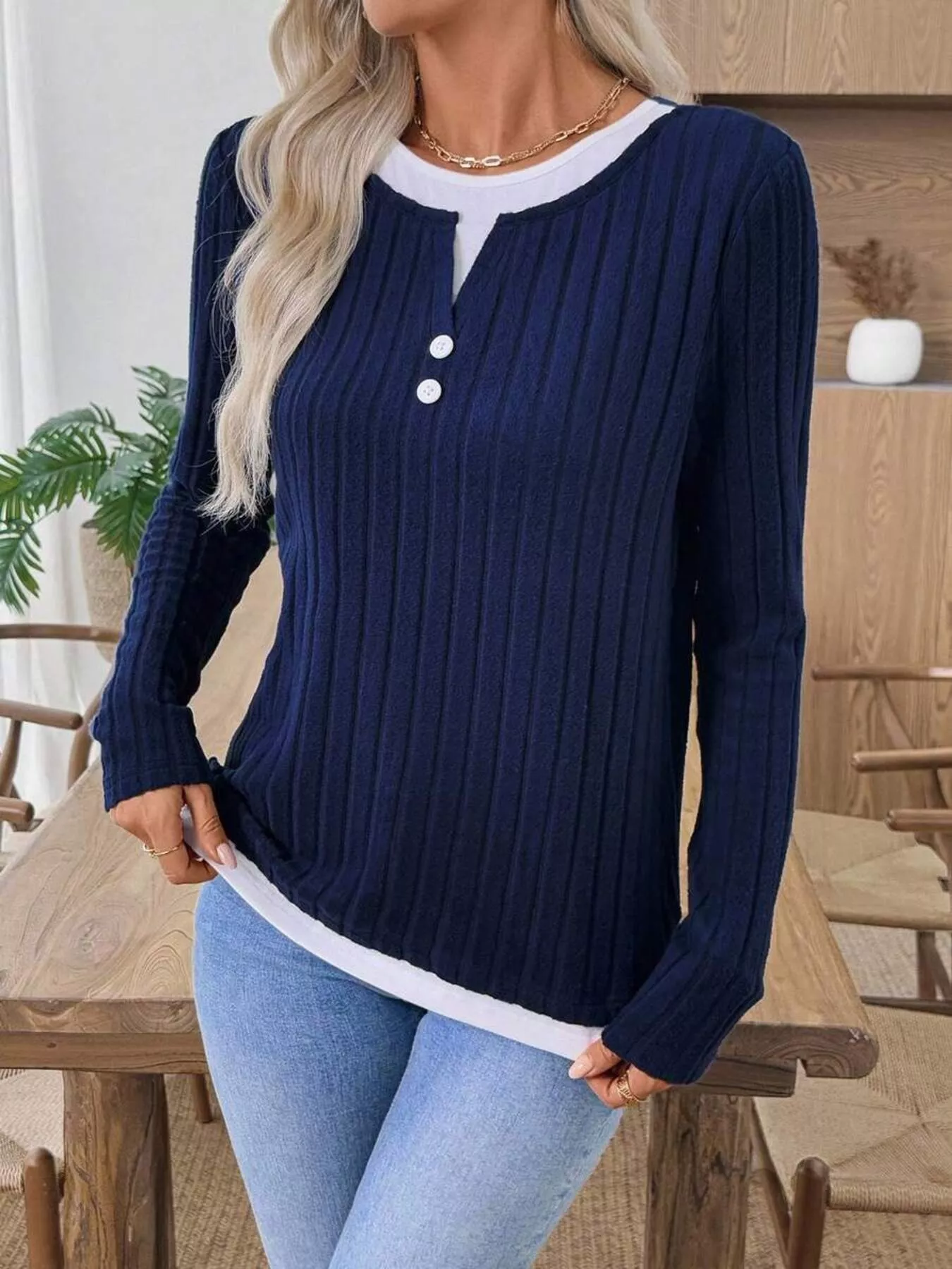 Ribbed Knit Button Detail Contrast Sweater - Image 11
