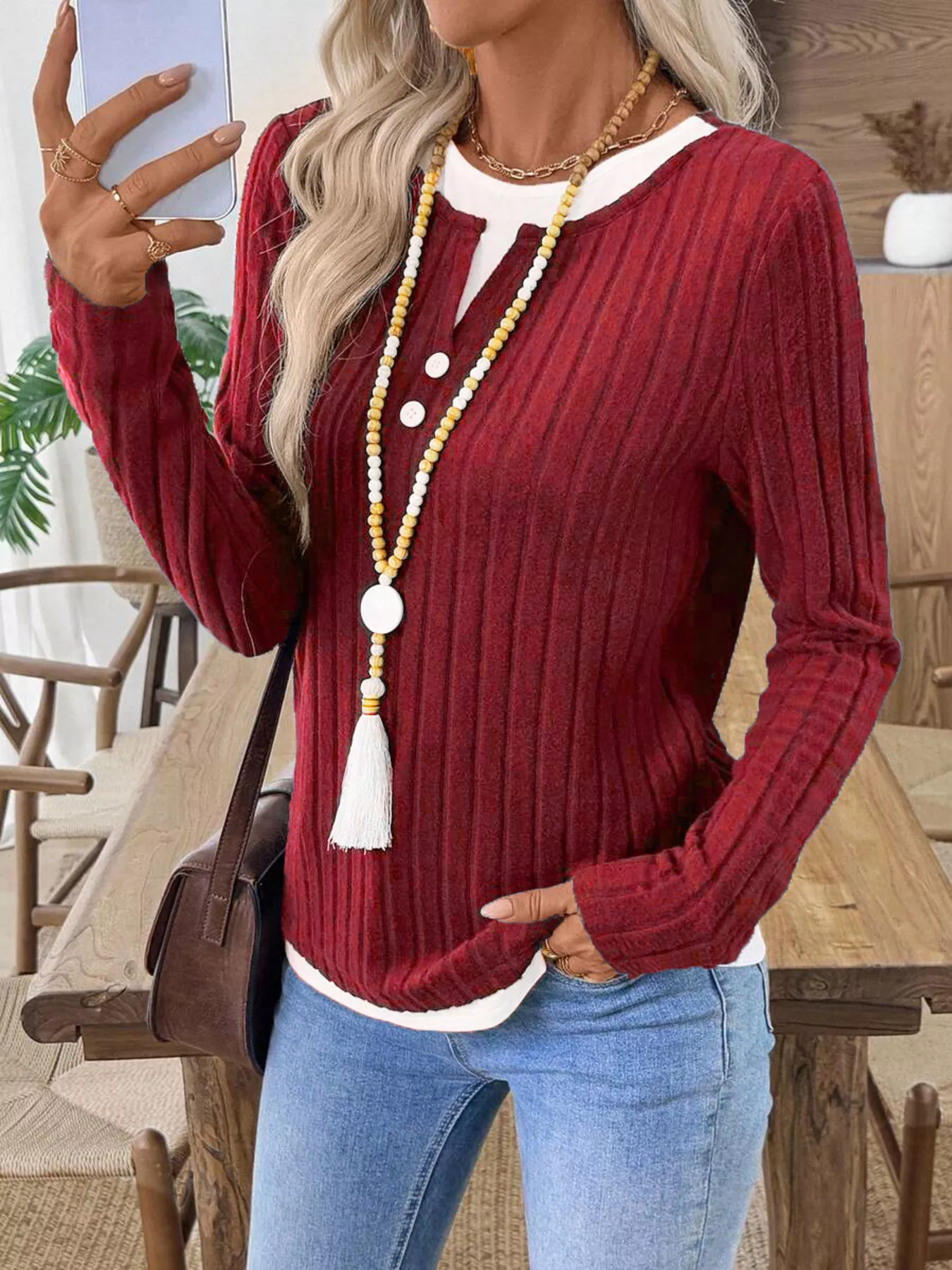Ribbed Knit Button Detail Contrast Sweater - Image 13