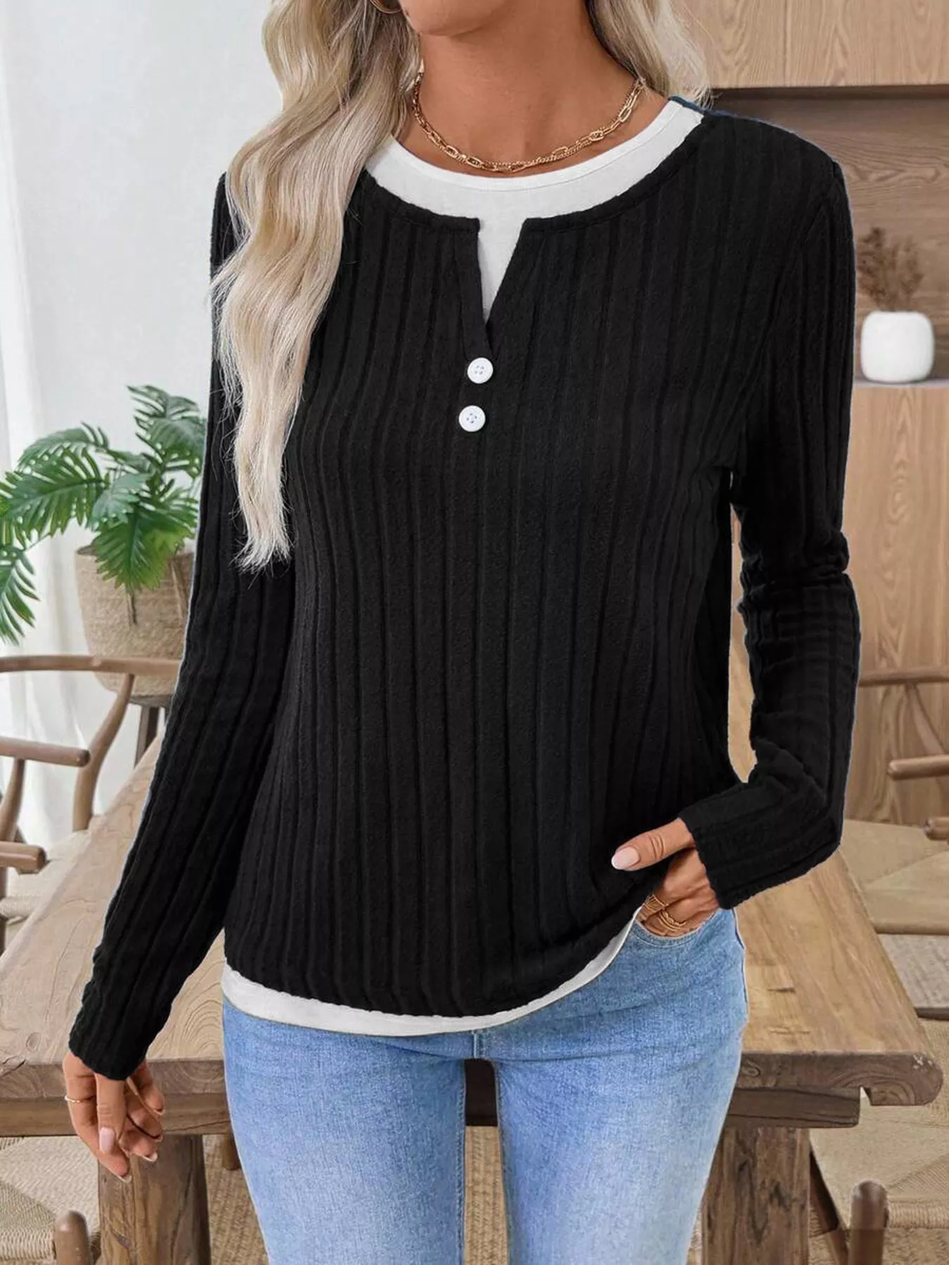Ribbed Knit Button Detail Contrast Sweater - Image 17