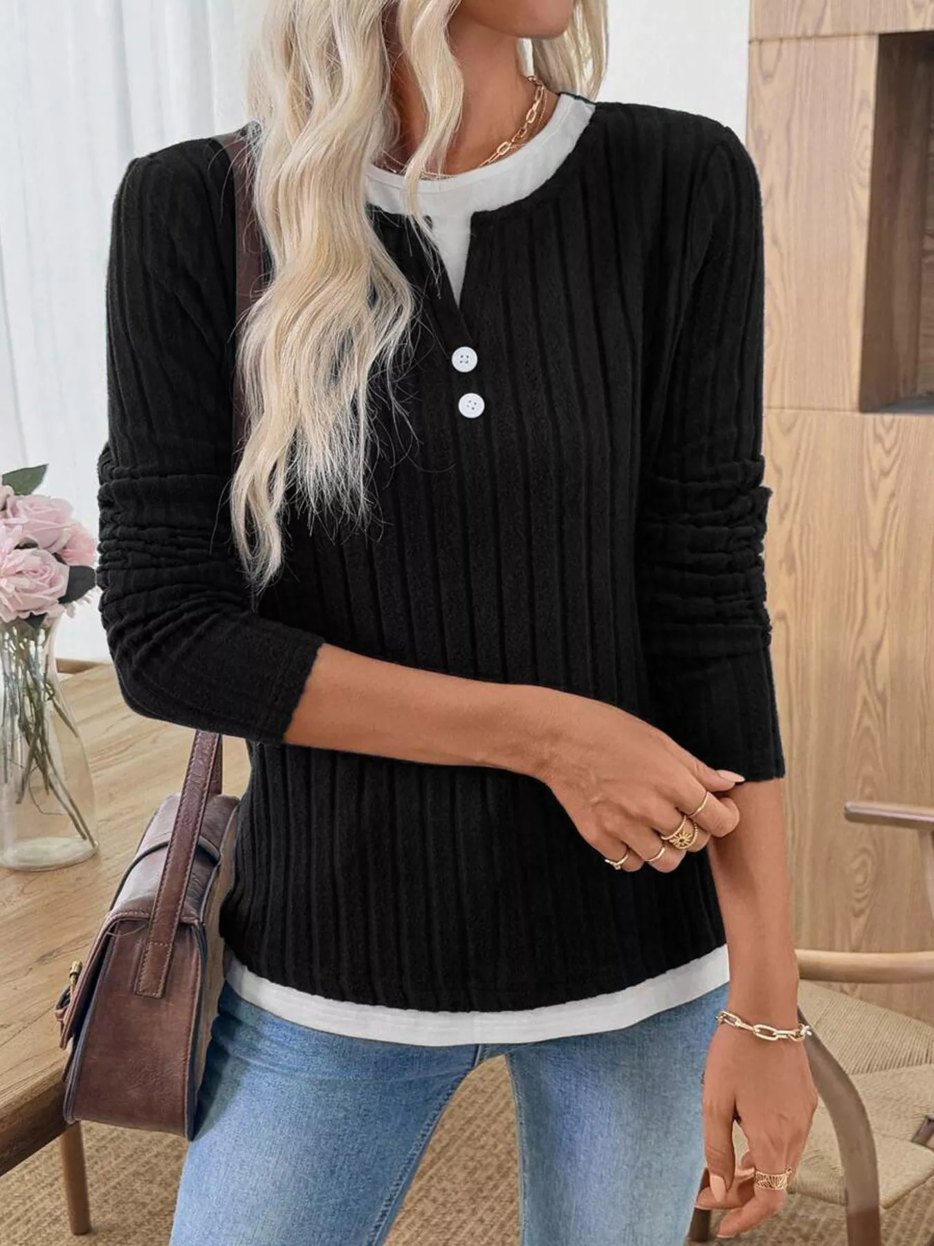 Ribbed Knit Button Detail Contrast Sweater - Image 20