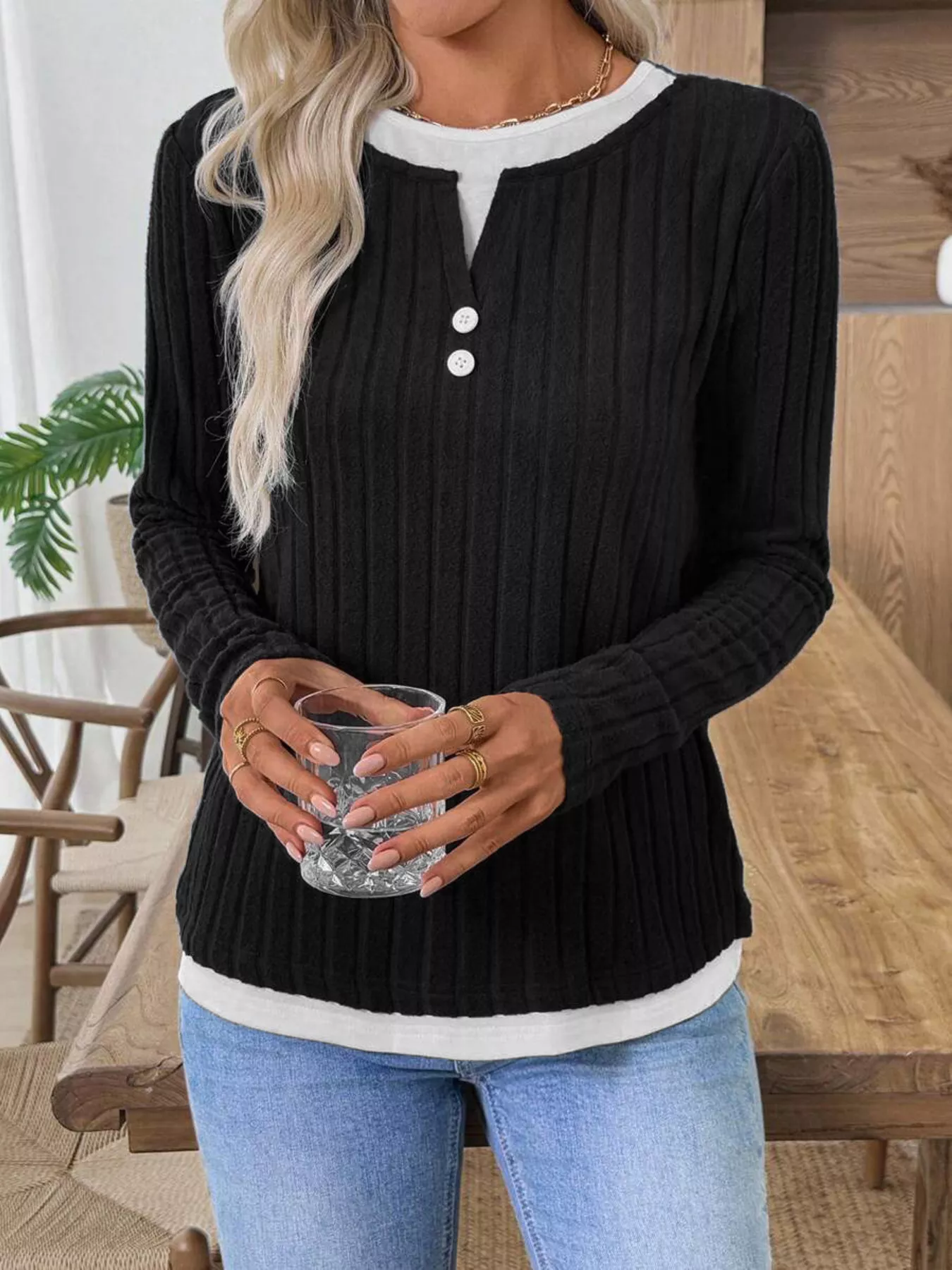 Ribbed Knit Button Detail Contrast Sweater - Image 21