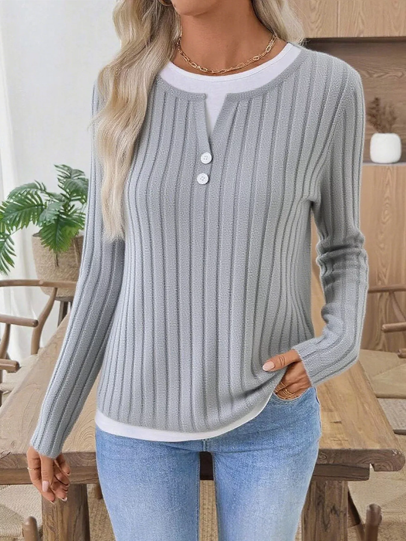 Ribbed Knit Button Detail Contrast Sweater - Image 4