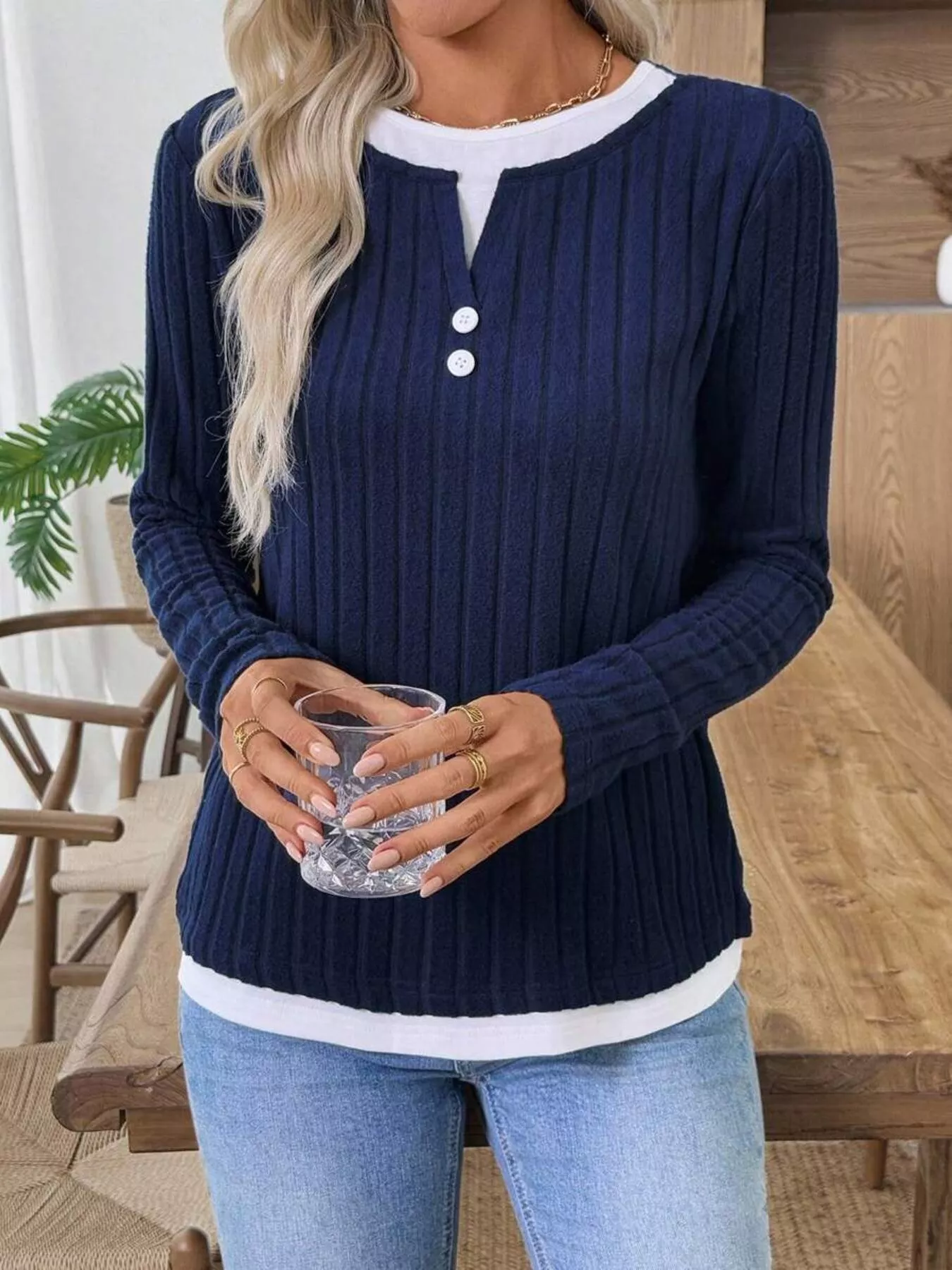 Ribbed Knit Button Detail Contrast Sweater - Image 9