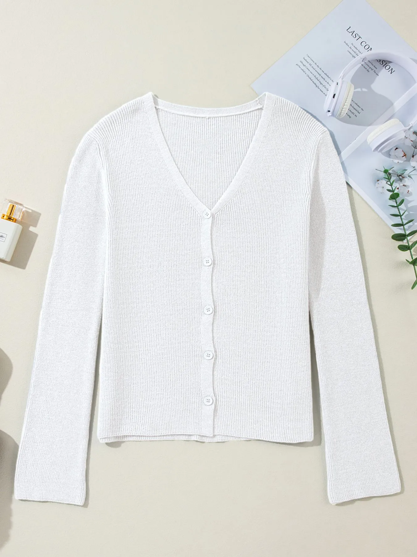 Ribbed Knit Button Front V Neck Cardigan - Image 14