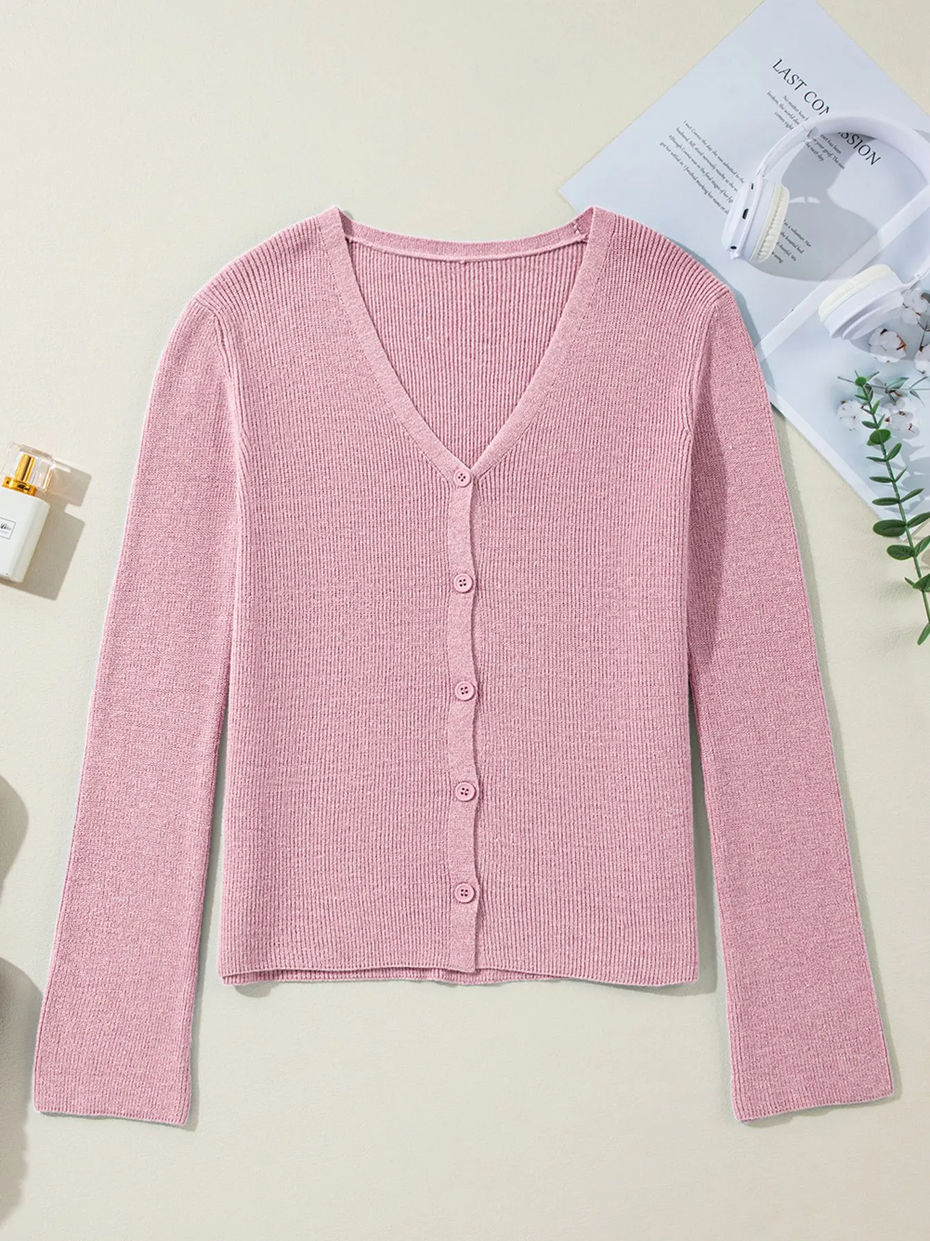 Ribbed Knit Button Front V Neck Cardigan - Image 43