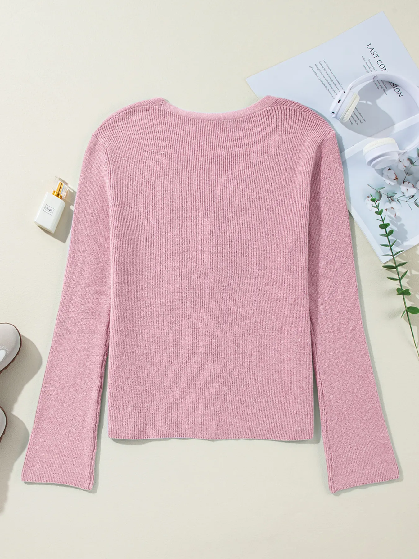 Ribbed Knit Button Front V Neck Cardigan - Image 44