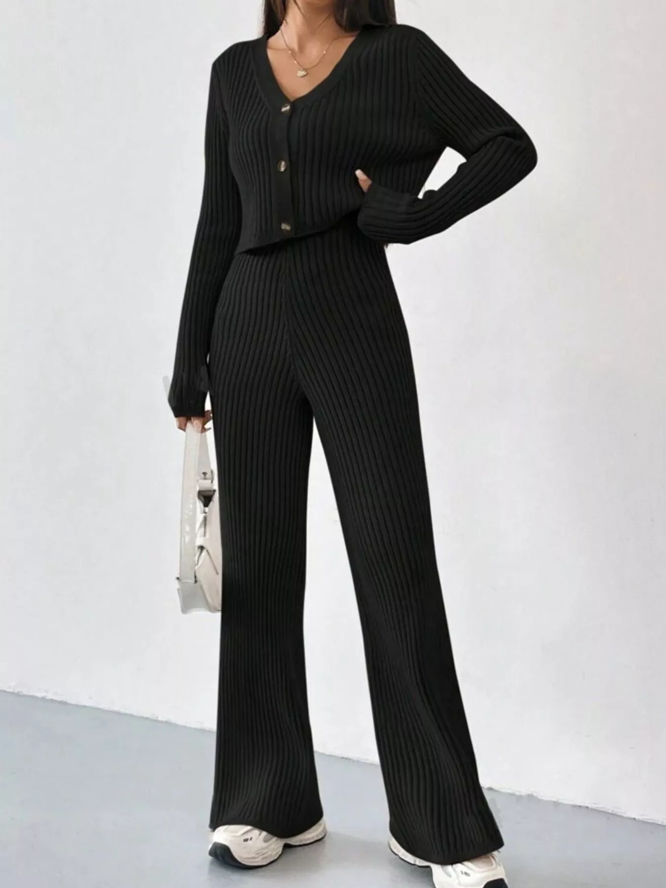 Ribbed Knit Button Up Top and Pants Set - Image 7