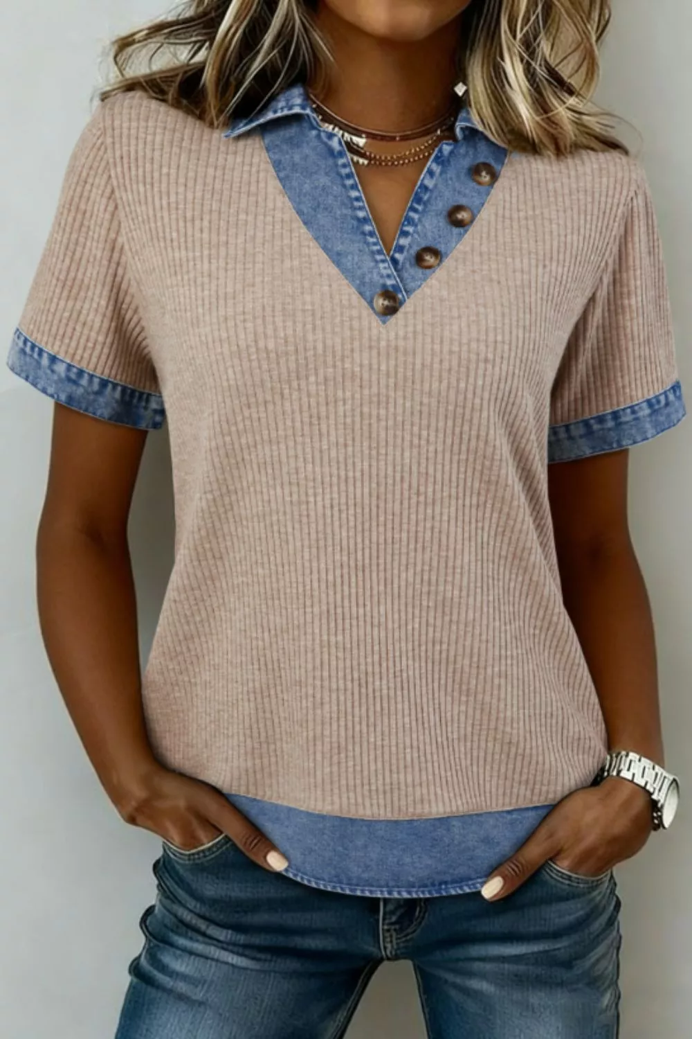 Ribbed Knit Contrast Denim Collar Top
