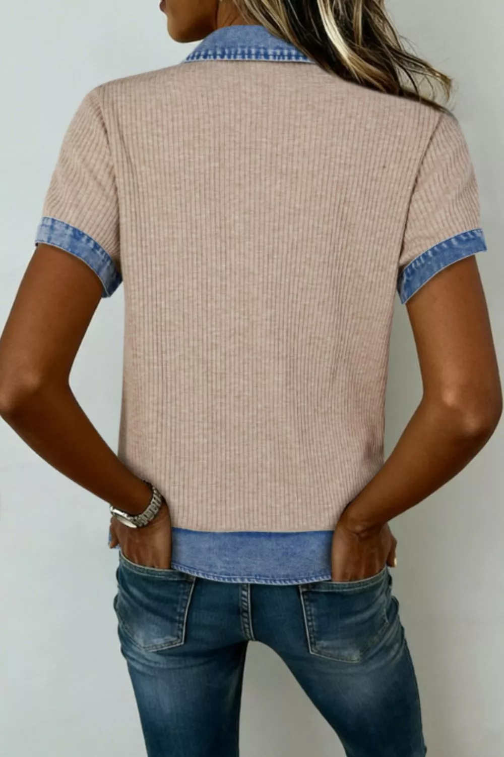 Ribbed Knit Contrast Denim Collar Top - Image 2