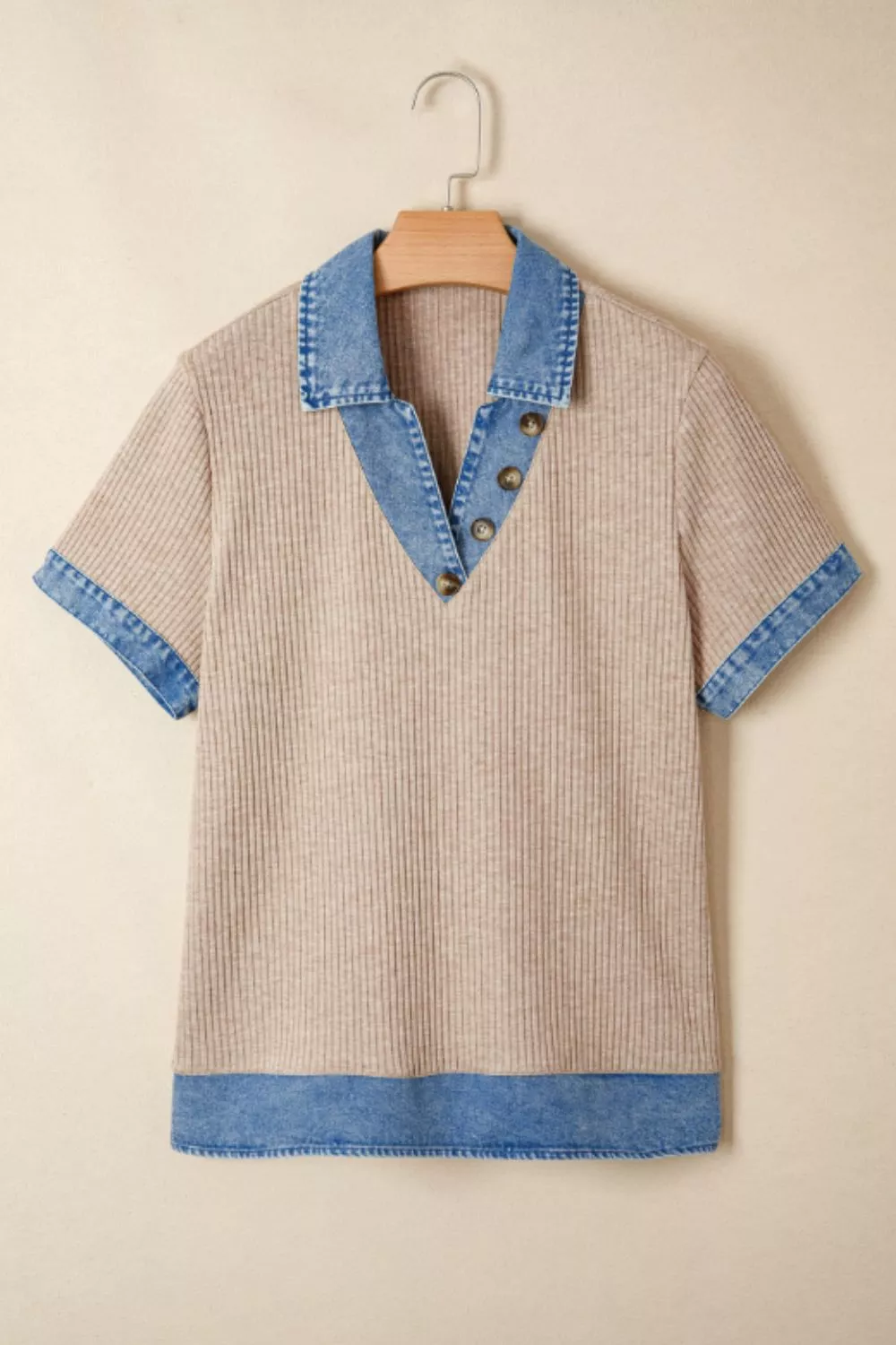 Ribbed Knit Contrast Denim Collar Top - Image 3
