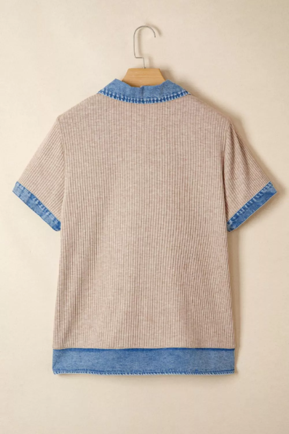 Ribbed Knit Contrast Denim Collar Top - Image 4