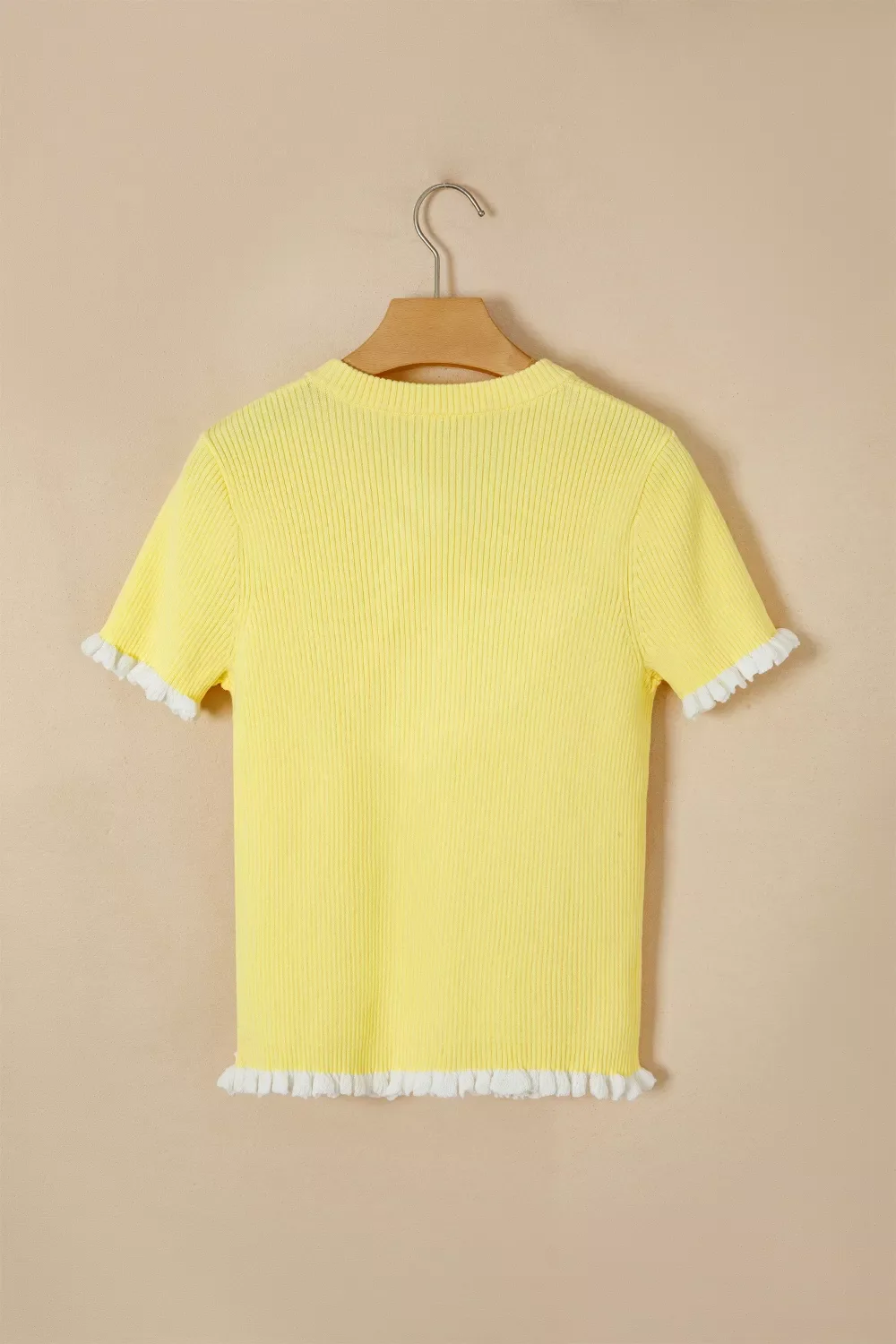 Ribbed Knit Contrast Frilled Short Sleeve Sweater Cardigan - Image 6