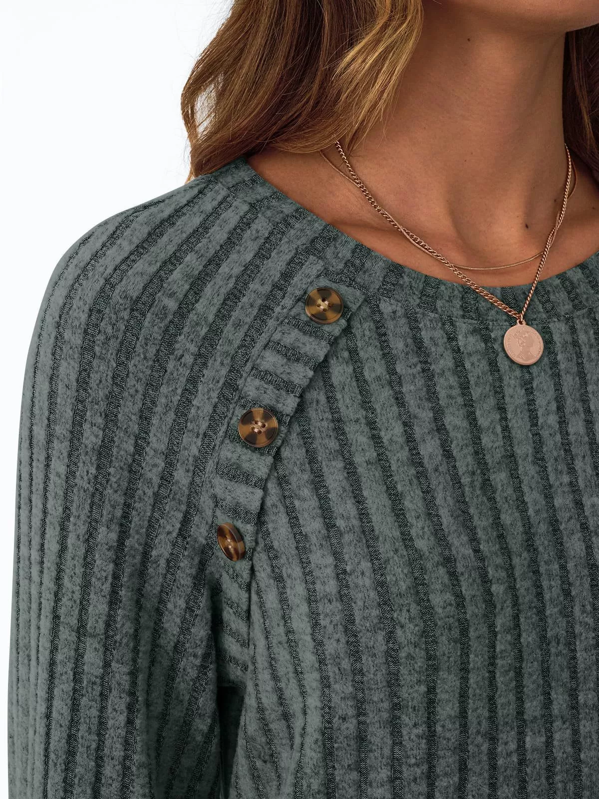 Ribbed Knit Decor Button Long Sleeve T-Shirt - Image 8