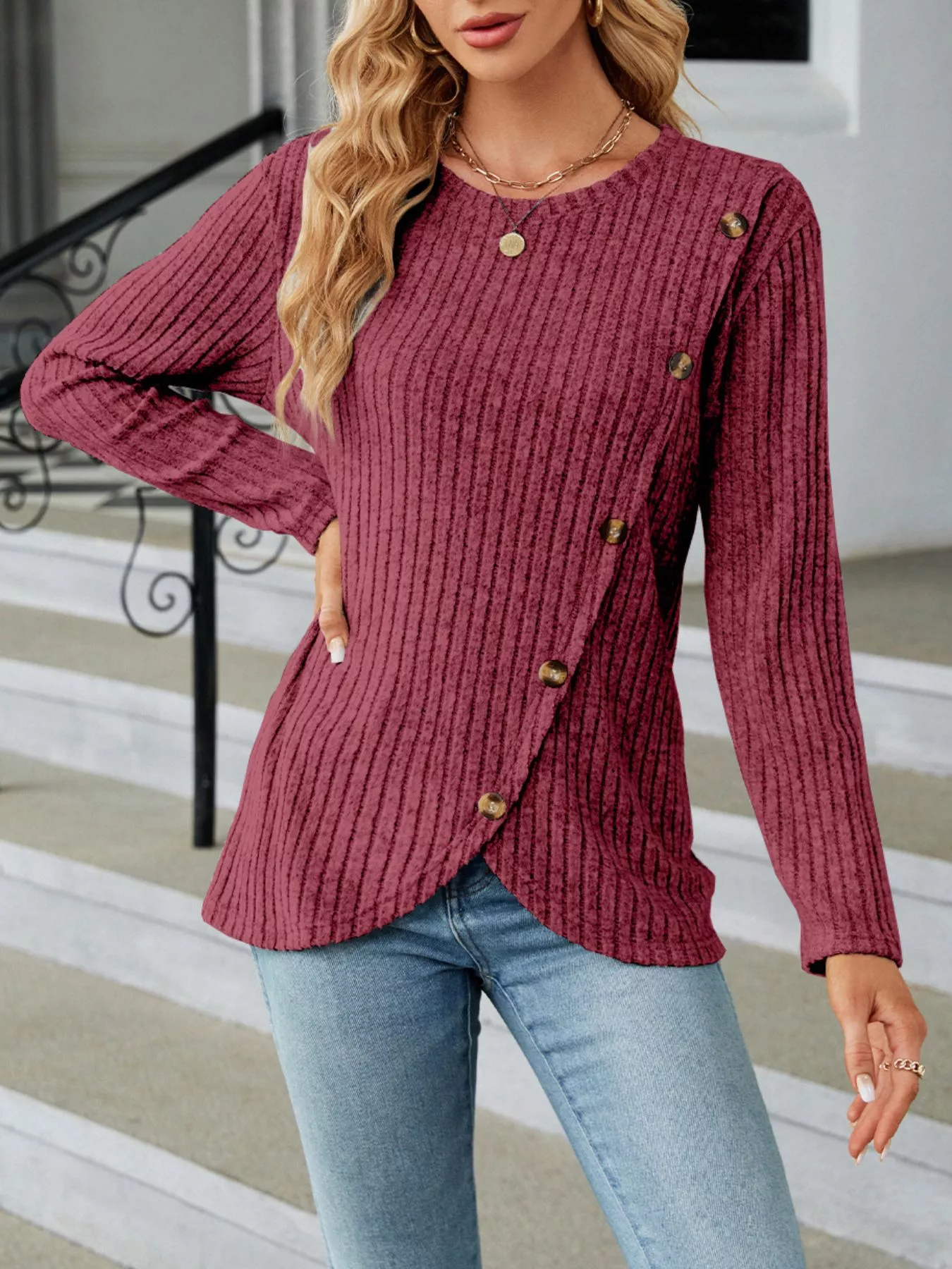 Ribbed Knit Decor Button T-Shirt - Image 10