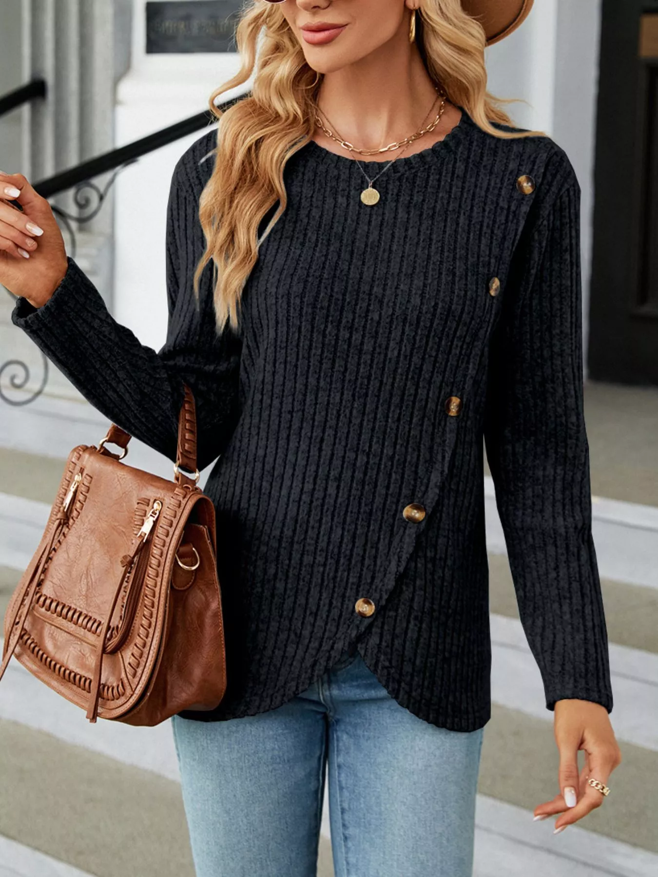 Ribbed Knit Decor Button T-Shirt - Image 16