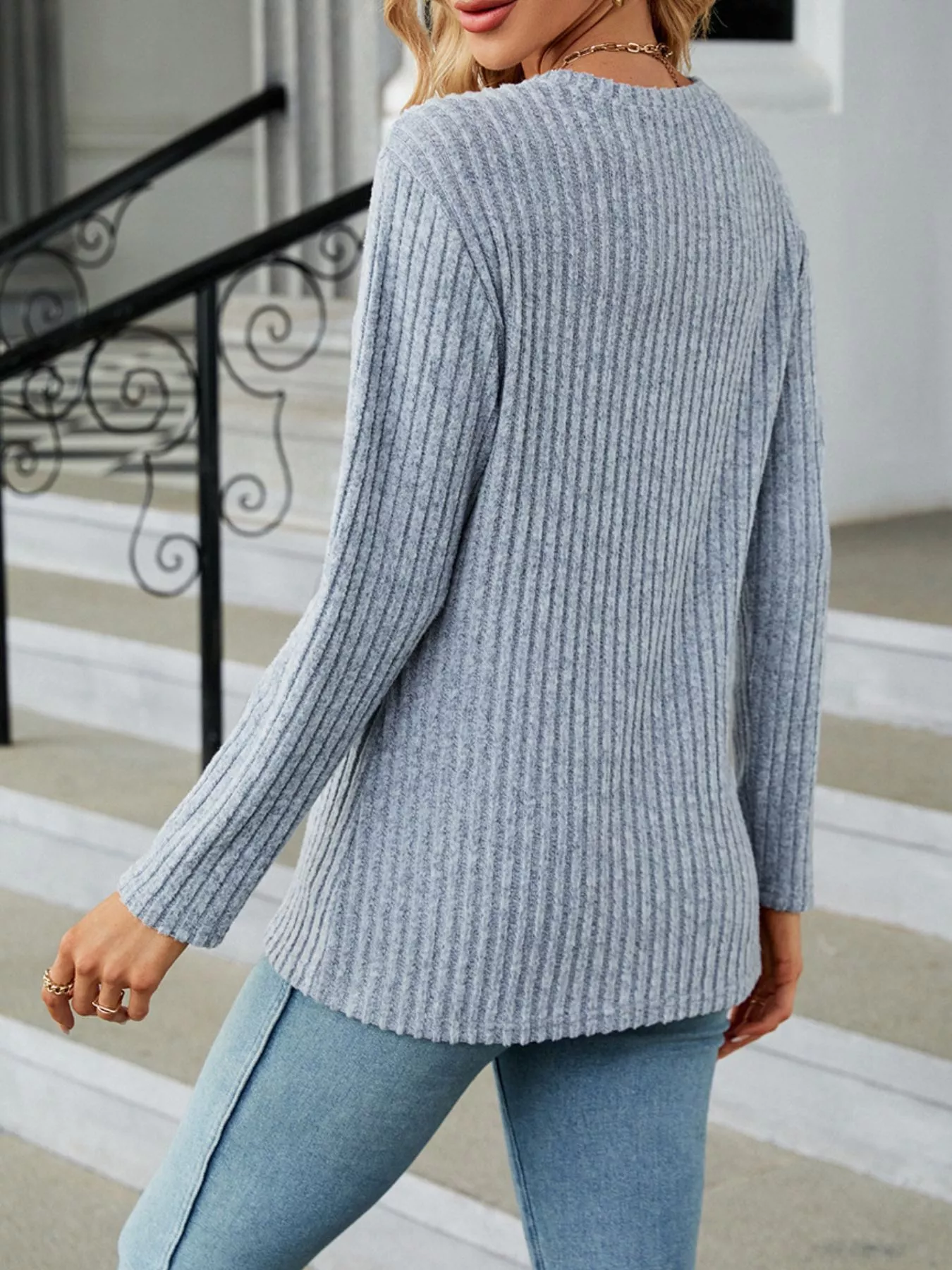 Ribbed Knit Decor Button T-Shirt - Image 4